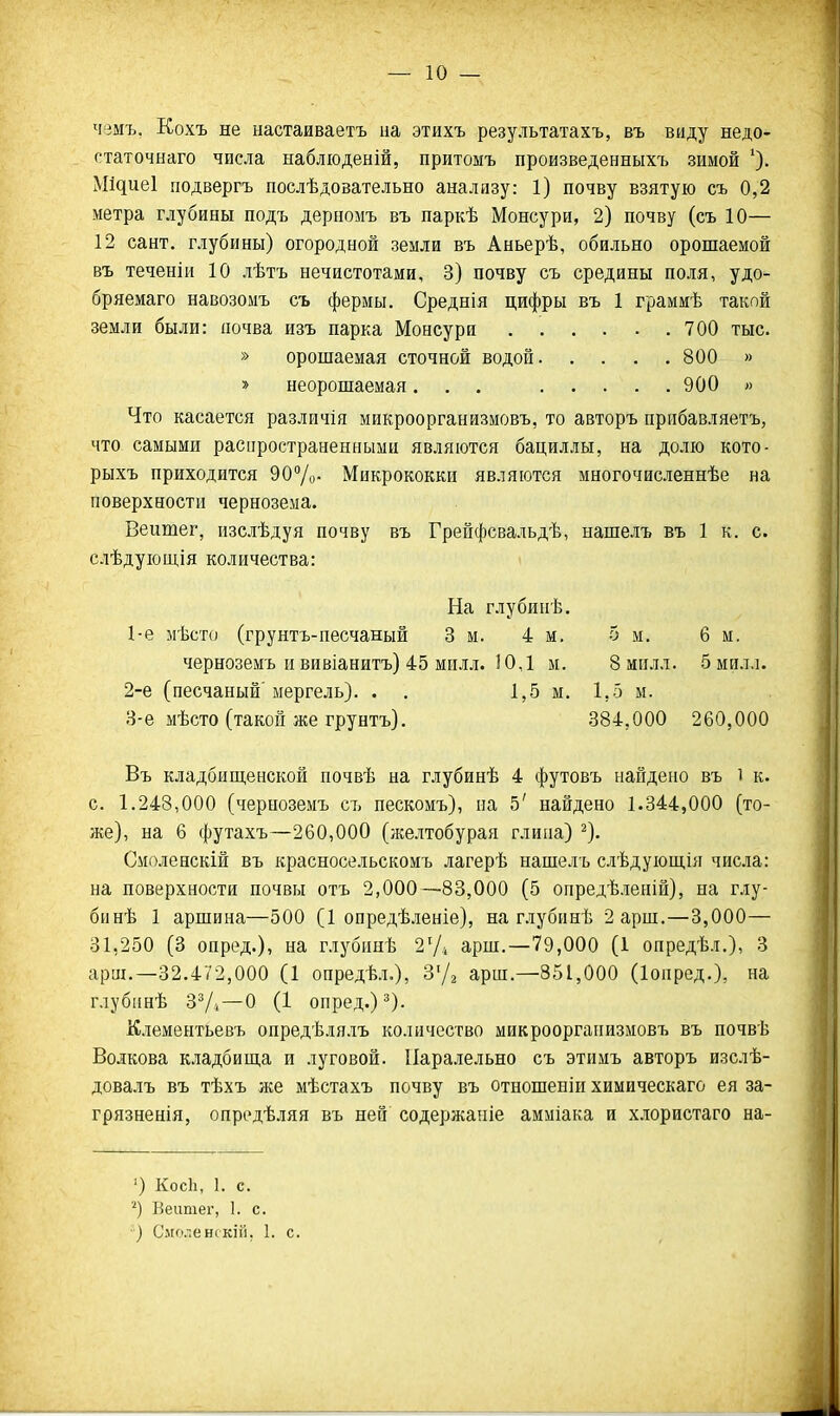 Ч9мъ, Кохъ не ыастаиваетъ на этихъ результатахъ, въ виду недо- статочнаго числа набліоденій, притомъ произведенныхъ зимой '). МІдиеІ подвергъ послѣдовательно анализу: 1) почву взятую съ 0,2 метра глубины подъ дерномъ въ паркѣ Монсури, 2) почву (съ 10— 12 сант. глубины) огородной земли въ Аньерѣ, обильно орошаемой въ теченіи 10 лѣтъ нечистотами, 3) почву съ средины поля, удо- бряемаго навозомъ съ фермы. Среднія цифры въ 1 грамиѣ такой земли были: почва изъ парка Монсури 700 тыс. » орошаемая сточной водой 800 » » неорошаемая... 900 « Что касается различія микроорганизмовъ, то авторъ прибавляетъ, что самыми распространенными являются бациллы, на долю кото- рыхъ приходится 907о- Микрококки являются многочисленнѣе на поверхности чернозема. Веитег, изслѣдуя почву въ Грейфсвальдѣ, нашелъ въ 1 к. с. слѣдующія количества: На глубинѣ. 1- е мѣсто (грунтъ-песчаный 3 м. 4 м, 5 м. 6 м. черноземъ и вивіаннтъ) 45 мплл. 10,1 м. 8 милл. 5милл. 2- е (песчаный мергель). . . 1,5 м. 1,5 ы. 3- е мѣсто (такой же грунтъ). 884,000 260,000 Въ кладбиш;енекой почвѣ на глубинѣ 4 футовъ найдено въ і к. с. 1.248,000 (черноземъ съ пескомъ), иа 5' найдено 1.344,000 (то- же), на 6 футахъ—260,000 (желтобурая глина) ^). Смоленскій въ красносельскомъ лагерѣ нашелъ слѣдуюпі,ія числа: на поверхности почвы отъ 2,000—83,000 (5 опредѣленін), на глу- бинѣ 1 аршина—500 (1 опредѣленіе), на глубинѣ 2 арш.—3,000— 31,250 (3 опред.), на глубипѣ 27» арш.—79,000 (1 опредѣл.), 3 арш.—32.472,000 (1 опредѣл.), З'Д арш.—851,000 (Іонред.), на глубннѣ ЗѴ*—О (1 опред.)^). Клементьевъ опредѣля.іъ количество микроорганизмовъ въ почвѣ Волкова кладбища и луговой. ІІаралельно съ этимъ авторъ изслѣ- довалъ въ тѣхъ же мѣстахъ почву въ отношеніи химическаго ея за- грязненія, опредѣляя въ ней содержаніе амміака и хлористаго на- ') КосЬ, 1. с. Веішіег, 1. с. } Сіго.-.енікііі, 1. с.