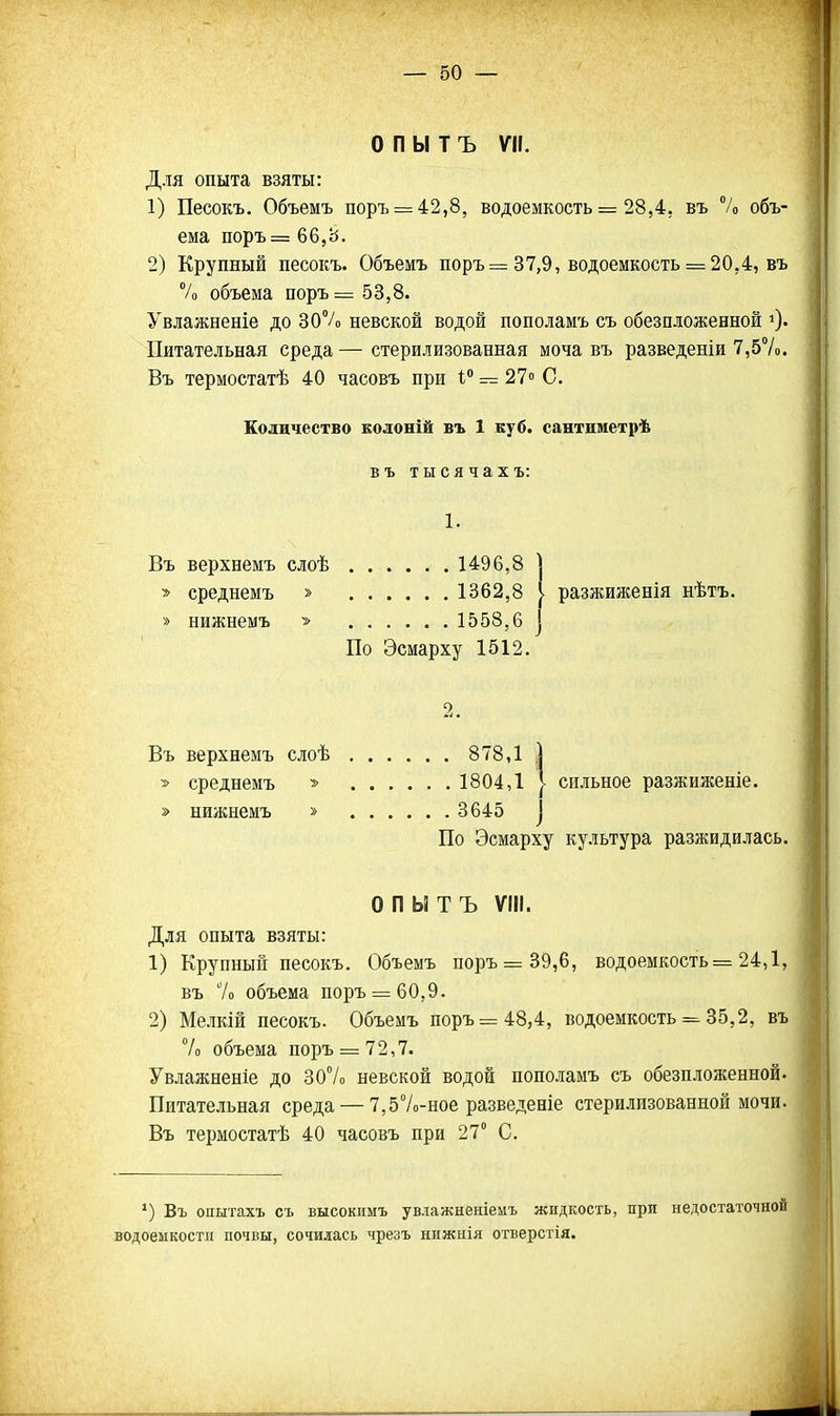 О П Ы Т Ъ VII. Для опыта взяты: 1) Песокъ. Объемъ поръ = 42,8, водоемкость = 28,4, въ % объ- ема поръ= 66,8. 2) Крупный песоЕЪ. Объемъ поръ=і 37,9, водоемкость = 20,4, въ °/о объема поръ=53,8. Увлажненіе до 30% невской водой пополамъ съ обезоложенной і). Питательная среда — стерилизованная моча въ разведеніи 7,5%. Въ термостатѣ 40 часовъ при = 27» С. Количество кодоній въ 1 куб. сантиметрѣ въ тысячахъ: 1. Въ верхнемъ слоѣ 1496,8 ] * среднемъ » 1362,8 І разжиженія нѣтъ. » нижнемъ > 1558,6 ] По Эсмарху 1512. 2. . 878,1 .] . 1804,1 [ сильное разжиженіе. . 3645 ] По Эсмарху культура разжидилась. ОПЫТЪ VIII. Для опыта взяты: 1) Крупный песокъ. Объемъ поръ=39,6, водоемкость= 24,1, въ 7о объема поръ = 60,9. 2) Мелкій песокъ. Объемъ поръ=48,4, водоемкость 85,2, въ % объема поръ=і72,7. Увлажненіе до 307о невской водой пополамъ съ обезпложенной. Питательная среда — 7,5%-ное разведете стерилизованной мочи. Въ термостатѣ 40 часовъ при 27° С. Въ верхнемъ слоѣ » среднемъ > » нижнемъ » Въ онытахъ съ высокимъ увлажненіемъ жидкость, при недостаточной водоемкостіі почвы, сочилась чрезъ нижиія отверстія.
