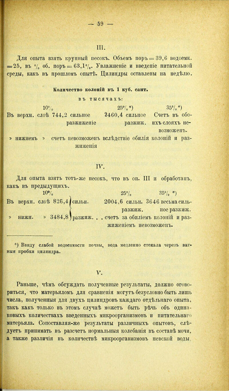 III. Для опыта взять крупный песокъ. Объемъ поръ=^39,6 водоемк. = 25, въ % об. поръ = 63,І7„. Увлажненіе и введете питательной среды, какъ въ прошломъ опытѣ. Цилиндры оставлены на недѣлю. Количество колоній въ 1 куб. сант. в ъ т ы с я ч а X ъ: 10% 25/о*) 35%*) Въ верхн. слоѣ 744,2 сильное 2460,4 сильное Счетъ въ обо- разжиясеніе разжиж. ихъслояхъ не- возможенъ. > нижінемъ » счетъ невозможенъ вслѣдствіе обилія колоній и раз- жнженія IV. Для опыта взятъ тотъ-же песокъ, что въ оп. III и обработаиъ, какъ въ предыду щи хъ. 10% 25% 35% *) Въ верхн. слоѣ 826,4Ісильн. 2004,6 сильн. 3646 весьмасиль- } разжиж. ноеразжиж. » нижн. » 3484,8* разжиж. . .счетъ за обиліемъ колоній и раз- жиженіемъ невозможенъ. *) Ввиду слабой водоемкостп почвы, вода медленно стекала черезъ ват- ный пробки цилиндра. Г. Раньше, чѣмъ обсуждать полученные результаты, должно огово- риться, что матерьяломъ для сравненія могутъ безусловно быть лишь числа, полученныя для двухъ цилиндровъ каждаго отдѣльнаго опыта, такъ какъ только въ этомъ случаѣ можетъ быть рѣчь объ одина- ковыхъ количествахъ введенныхъ микроорганизмовъ и питательнаго матерьяла. Сопоставляя-же результаты различныхъ опытовъ, слѣ- дуетъ принимать въ разсчетъ нормальныя колебанія въ составѣ мочи, а также различія въ количествѣ микроорганизмовъ невской воды.