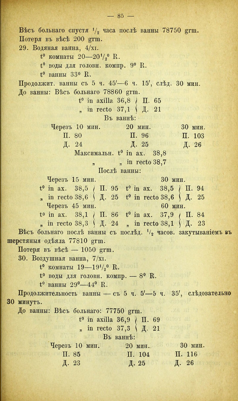 Вѣсъ больнаго спустя */2 часа послѣ ванны 78750 §гт. Потеря въ вѣсѣ 200 дгт. 29. Водяная ванна, 4/хі. і° комнаты 20—20Ѵ2° К. і° воды для головн. компр. 9° К. 1° ванны 33° К. Продолжит, ванны съ 5 ч. 45'—6 ч. 15', слѣд. 30 мин. До ванны: Вѣсъ больнаго 78860 ^гт. і° т ахіііа 36,8 / П. 65 „ т гесЪо 37,1 ( Д. 21 Въ ваннѣ: Черезъ 10 мин. П. 80 Д. 24 Максимальн. 1° 20 мин. П. 96 Д. 25 іп ах. 38,8 іп гесіо 38,7 30 мин. П. 103 Д. 26 Послѣ ванны Черезъ 15 мин. і? іп ах. 38,5 „ іп гесіо 38,6 Черезъ 45 мин. *о іп ах. 38,1 „ іп гесіо 38,3 Вѣсъ больнаго послѣ ванны съ нослѣд. шерстяныя одѣяла 77810 §;гт. Потеря въ вѣсѣ — 1050 §тт. 30. Воздушная ванна, 7/хі. і° комнаты 19—19Ѵ20 К. 1° воды для головн. компр. — 8 П. Д- П. д. 95 25 86 24 30 мин. 1° іп ах. 38,5 | П. 94 4° іп гесѣо 38,6 | Д. 25 60 мин. 1° іп ах. 37,9 / П. 84 „ іп гесіо 38,1 | Д. 23 1/2 часов, закутываніемъ въ К. і° ванны 29°—44° В. Продолжительность ванны — съ 5 ч. 5'—5 ч. 30 минутъ. До ванны: Вѣсъ больнаго: 77750 §гт. І° іп ахіііа 36,9 ) П. 69 „ іп гесіо 37,3 \ Д. 21 Въ ваннѣ: Черезъ 10 мин. 20 мин.. П. 85 П. 104 Д. 23 Д. 25 35', слѣдовательно 30 мин. П. 116 Д. 26