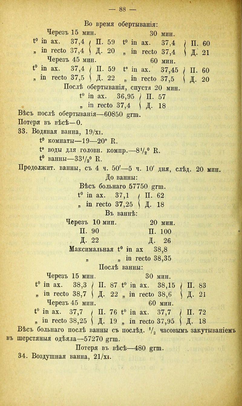 Во время обертыванія: Черезъ 15 мин. 30 мин. 1° іп ах. 37,4 / П. 59 і° іп ах. 37,4 } П. 60 „ іп геск> 37,4 ( Д. 20 „ іп гесіо 37,4 ( Д. 21 Черезъ 45 мин. 60 мин. 1° іп ах. 37,4 ) П. 59 і° іц ах. 37,45 I П. 60 „ т гес*о 37,5 ( Д. 22 „ іп гесіо 37,5 ( Д. 20 Послѣ обертыванія, спустя 20 мин. 1° іп ах. 36,95 ; П. 57 я іп гесіо 37,4 \ Д. 18 Вѣсъ послѣ обертыванія—60850 §тт. Потеря въ вѣсѣ—0. 33. Водяная ванна, 19/хі. і° комнаты—19—20° К. 1° воды для головн. компр.—8Ѵ20 К. 1° ванны—33у2° К. Продолжит, ванны, съ 4 ч. 50'—5 ч. 10' дня, слѣд. 20 мин. До ванны: Вѣсъ больнаго 57750 §пп. 1° іп ах. 37,1 у П. 62 „ іп гесіо 37,25 ( Д. 18 Въ ваннѣ: Черезъ 10 мин. 20 мин. П. 90 П. 100 Д. 22 Д. 26 Максимальная і° іп ах 38,8 „ „ іп гесіо 38,35 Послѣ ванны: Черезъ 15 мин. 30 мин. 1° іп ах. 38,3 ) П. 87 1° іп ах. 38,15 і П. 83 „ іп гесіо 38,7 } Д. 22 „ іп гесіо 38,6 | Д. 21 Черезъ 45 мин. 60 мин. 1° іті ах. 37,7 і П. 76 і° іп ах. 37,7 ) П. 72 „ іп тесіо 38,25 і Д. 19 „ іп гесіо 37,95 ( Д. 18 Вѣсъ больнаго послѣ ванны съ послѣд. У2 часовымъ закутываніемъ въ шерстяныя одѣяла—57270 &гт. Потеря въ вѣсѣ—480 дгт. 34. Воздушная ванна, 21/хі.