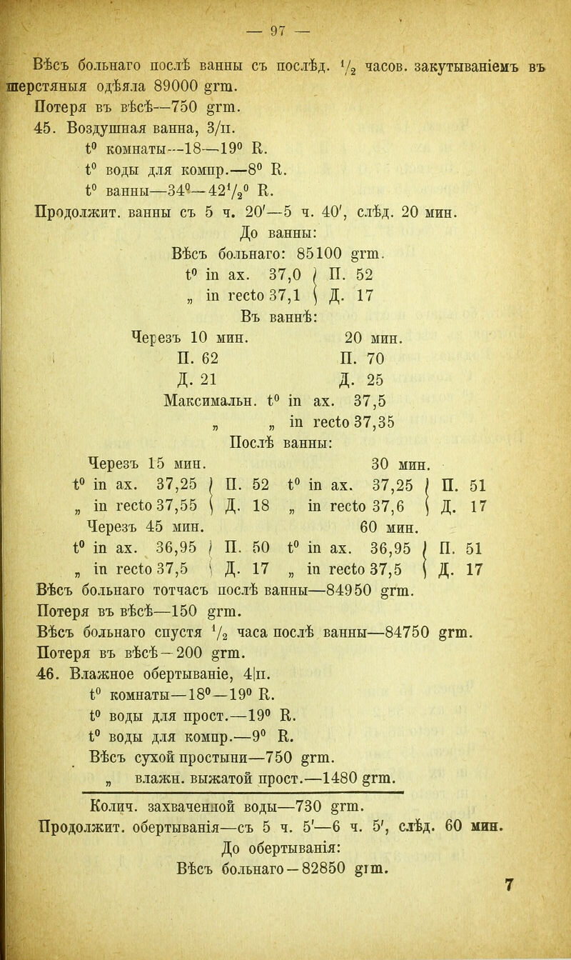 Вѣсъ больнаго послѣ ванны съ послѣд. 4/2 часов, закутываніемъ въ шерстяныя одѣяла 89000 §гт. Потеря въ вѣсѣ—750 ^гш. 45. Воздушная ванна, З/п. 4° комнаты—18—19° К. 4° воды для компр.—8° К. 4° ванны—34°— 42У2° К. Продолжит, ванны съ 5 ч. 20'—5 ч. 40', слѣд. 20 мин. До ванны: Вѣсъ больнаго: 85100 §гш. 4° іп ах. 37,0 7 П. 52 „ іп гес4о 37,1 | Д. 17 Въ ваннѣ: Черезъ 10 мин. 20 мин. П. 62 П. 70 Д. 21 Д. 25 Максимальн. 4° іп ах. 37,5 „ „ іп гес4о 37,35 Послѣ ванны: Черезъ 15 мин. 30 мин. 4° іп ах. 37,25 ) П. 52 4° т ах. 37,25 ) П. 51 „ іп гес4о37,55 ( Д. 18 „ іп гес4о 37,6 ( Д. 17 Черезъ 45 мин. 60 мин. 4° іп ах. 36,95 | П. 50 4° іп ах. 36,95 { П. 51 „ іп гес4о37,5 і Д. 17 „ іп гес4о37,5 ( Д. 17 Вѣсъ больнаго тотчасъ послѣ ванны—84950 §гт. Потеря въ вѣсѣ—150 §гш. Вѣсъ больнаго спустя 7а час& послѣ ванны—84750 дгт. Потеря въ вѣсѣ- 200 §гт. 46. Влажное обертываніе, 4|п. 4° комнаты—18°—19° К. і° воды для прост.—19° К. 4° воды для компр.—9° К. Вѣсъ сухой простыни—750 &гт. „ влажн. выжатой прост.—1480 §гш. Колич. захваченяой воды—730 §гт. Продолжит, обертыванія—съ 5 ч. 5'—6 ч. 5', слѣд. 60 мин. До обертыванія: Вѣсъ больнаго - 82850 §гт.