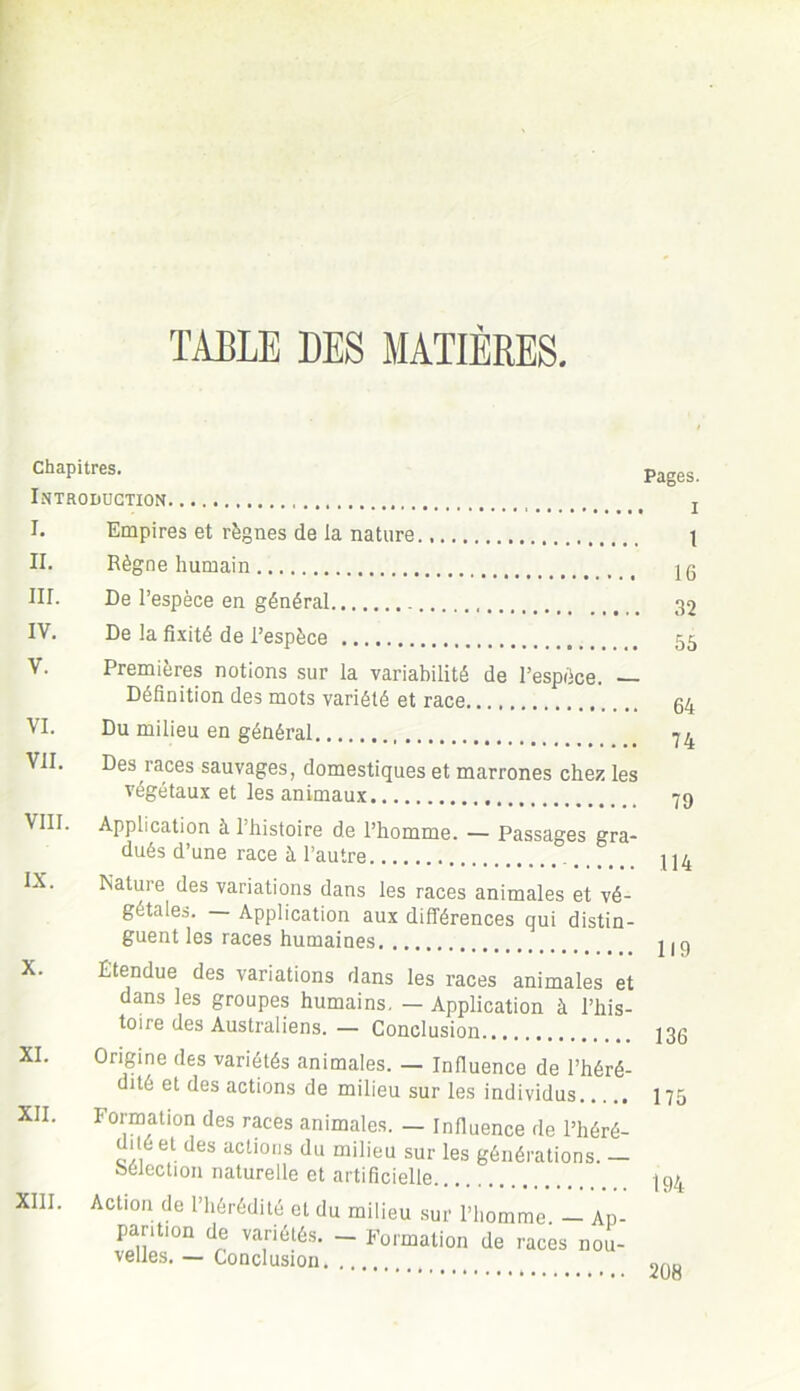 TABLE DES MATIÈRES Chapitres. Introduction I. Empires et règnes de la nature II. Règne humain III. De l’espèce en général IV. De la fixité de l’espèce V. Premières notions sur la variabilité de l’espèce. — Définition des mots variété et race VI. Du milieu en général VII. Des races sauvages, domestiques et marrones cher, les végétaux et les animaux VIII. Application à l’histoire de l’homme. — Passages gra- dués d’une race à l’autre _ !X- Nature des variations dans les races animales et vé- gétales. — Application aux différences qui distin- guent les races humaines X. XI. XII. XIII. Etendue des variations dans les races animales et dans les groupes humains. - Application à l’his- toire des Australiens. — Conclusion Origine des variétés animales. — Influence de l’héré- dité et des actions de milieu sur les individus Formation des races animales. — Influence de l’héré- dité et des actions du milieu sur les générations. — sélection naturelle et artificielle Action de l’hérédité et d parition de variétés, velles. — Conclusion. u milieu sur l’homme. — Ap- l'ormalion de races nou- Pages. , i 1 16 32 55 64 74 79 114 119 136 175 194 208