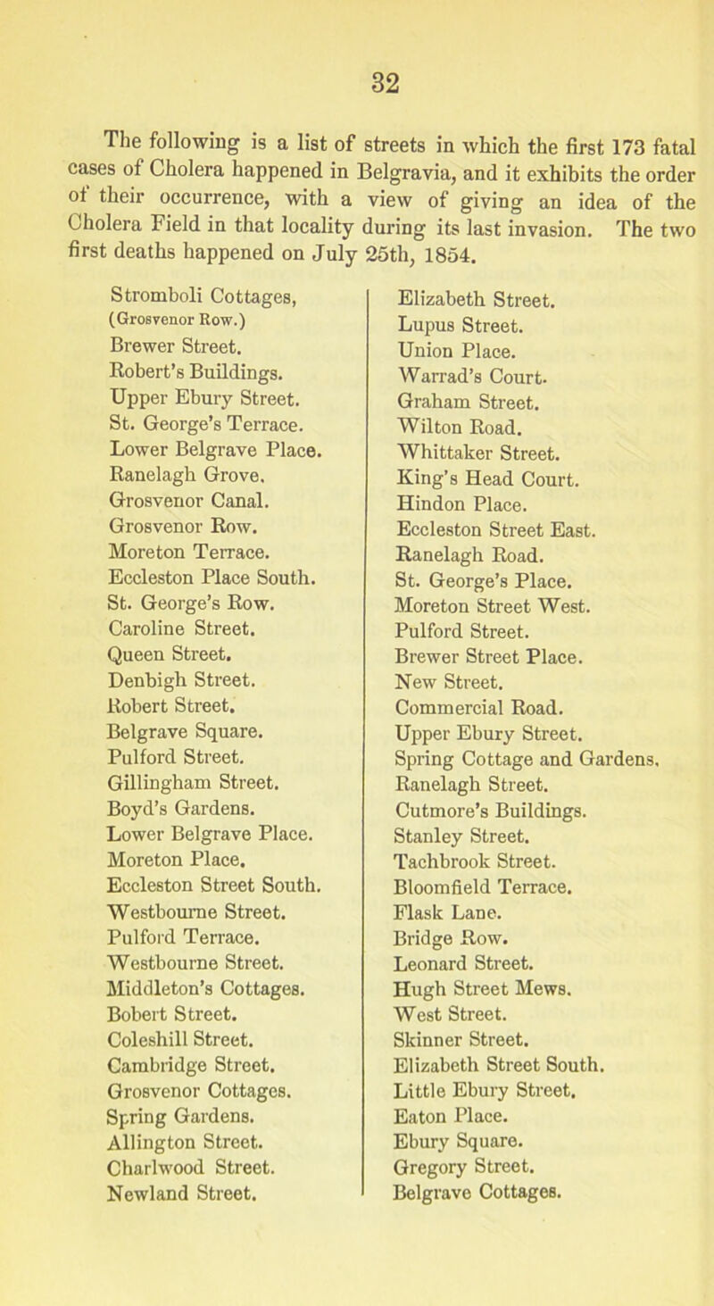 The following is a list of streets in which the first 173 fatal cases of Cholera happened in Belgravia, and it exhibits the order of their occurrence, with a view of giving an idea of the Cholera Field in that locality during its last invasion. The two first deaths happened on July 25th, 1854. Stromboli Cottages, (Grosvenor Row.) Brewer Street. Robert’s Buildings. Upper Ebury Street. St. George’s Terrace. Lower Belgrave Place. Ranelagb Grove. Grosvenor Canal. Grosvenor Row. Moreton Terrace. Eccleston Place South. St. George’s Row. Caroline Street. Queen Street. Denbigh Street. Robert Street. Belgrave Square. Pulford Street. Gillingham Street. Boyd’s Gardens. Lower Belgrave Place. Moreton Place. Eccleston Street South. Westbourne Street. Pulford Terrace. Westbourne Street. Middleton’s Cottages. Bobert Street. Coleshill Street. Cambridge Street. Grosvenor Cottages. Spring Gardens. Allington Street. Charlwood Street. Newland Street. Elizabeth Street. Lupus Street. Union Place. Warrad’s Court. Graham Street. Wilton Road. Whittaker Street. King’s Head Court. Hindon Place. Eccleston Street East. Ranelagh Road. St. George’s Place. Moreton Street West. Pulford Street. Brewer Street Place. New Street. Commercial Road. Upper Ebury Street. Spring Cottage and Gardens, Ranelagh Street. Cutmore’s Buildings. Stanley Street. Tachbrook Street. Bloomfield Terrace. Flask Lane. Bridge Row. Leonard Street. Hugh Street Mews. West Street. Skinner Street. Elizabeth Street South. Little Ebury Street. Eaton Place. Ebury Square. Gregory Street. Belgrave Cottages.