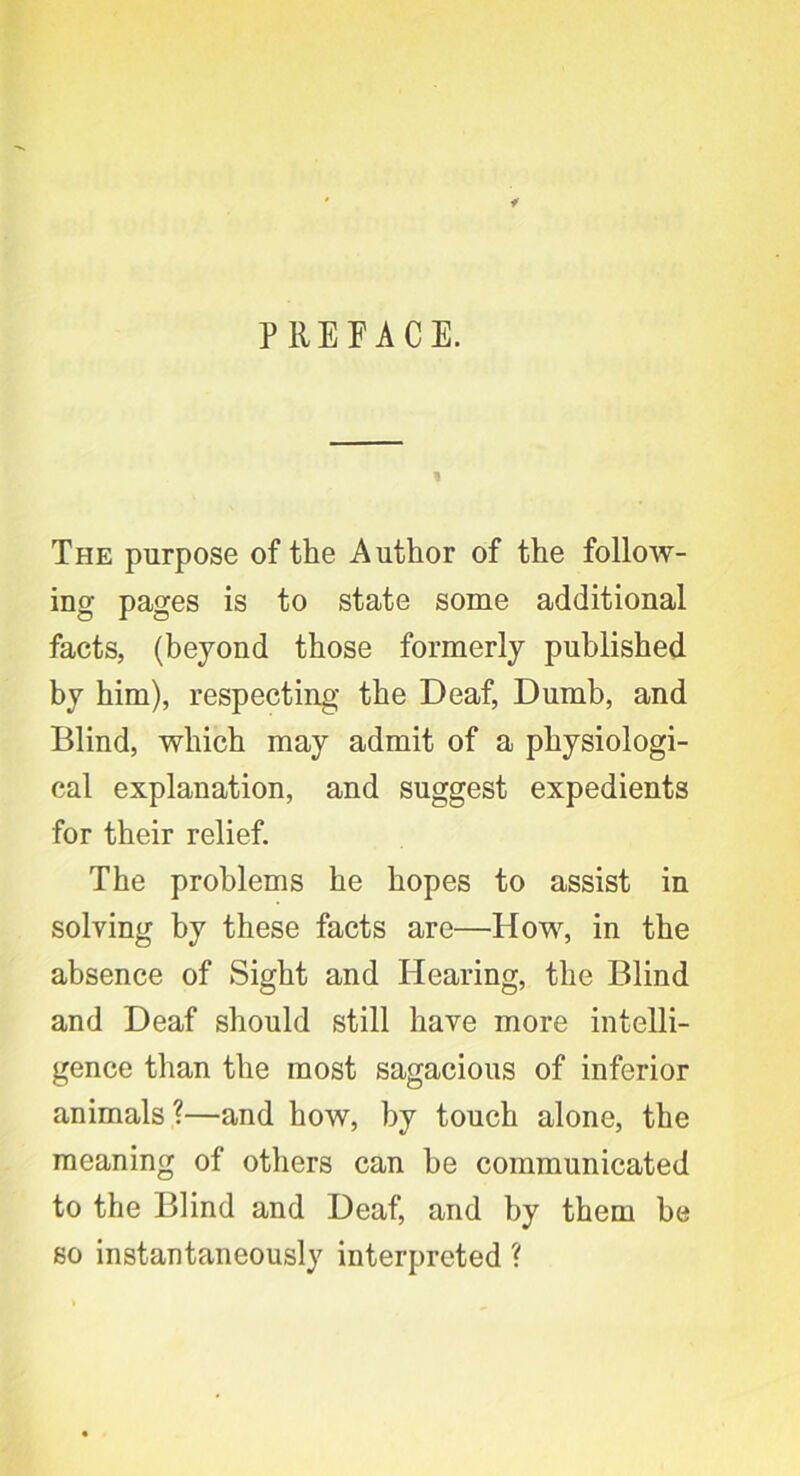 PREFACE. The purpose of the Author of the follow- ing pages is to state some additional facts, (beyond those formerly published by him), respecting the Deaf, Dumb, and Blind, which may admit of a physiologi- cal explanation, and suggest expedients for their relief. The problems he hopes to assist in solving by these facts are—How, in the absence of Sight and Hearing, the Blind and Deaf should still have more intelli- gence than the most sagacious of inferior animals?—and how, by touch alone, the meaning of others can be communicated to the Blind and Deaf, and by them be so instantaneously interpreted ?