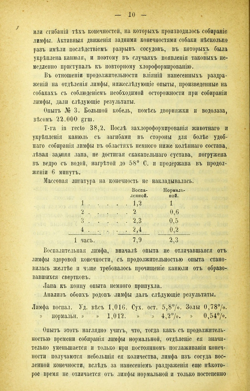 или сгибаній тѣхъ конечностей, на которыхъ производилось собираніе лимфы. Активныя движенія задними конечностями собаки нѣсколько разъ имѣли послѣдствіемъ разрывъ сосудовъ, въ которыхъ была укрѣплена канюля, и поэтому въ случаяхъ появленія таковыхъ не- медленно приступалъ къ повторному хлороформированію. Въ отношеніи продолжительности вліяній нанесенныхъ раздра- женій на отдѣленія лимфы, нижеслѣдующіе опыты, произведенные на собакахъ съ соблюденіемъ необходимой осторожности при собираніи лимфы, дали слѣдующіе результаты. Опытъ № 3. Большой кобель, помѣсь дворняжки и водолаза, вѣсомъ 22.000 ётш. Т-га іп гесіо 38,2. Послѣ захлороформированія животнаго и укрѣпленія канюль съ загибами въ стороны для болѣе удоб- наго собиранія лимфы въ областяхъ немного ниже колѣннаго состава, лѣвая задняя лапа, не достигая скакательнаго сустава, погружена въ ведро съ водой, нагрѣтой до 58° С. и продержана въ продол- женіи 6 минутъ. Массовая лигатура на конечность не накладывалась. Воспа- Нормаль- ленной. ной. 1 . . . . . 1,2 1 2 . . . . . 2 0,6 3 . . . . . 2,3 0,5 4 . . . . . 2,4 0,2 1 часъ. 7,9 2,3 Воспалительная лимфа, вначалѣ опыта не отличавшаяся отъ лимфы здоровой конечности, съ продолжительностью опыта стано- вилась желтѣе и чще требовалось прочищеніе канюли отъ образо- вавшихся свертковъ. Лапа къ концу опыта немного припухла. Анализъ обоихъ родовъ лимфы далъ слѣдующіе результаты. Лимфа воспал. Уд. вѣсъ 1,016. Сух. ост. 5,8°/<ь Золы 0,78°/о. » нормальн. » » 1,012. » » 4,2%. » 0,54°/°. Опытъ этотъ наглядно учитъ, что, тогда какъ съ продолжитель- ностью времени собиранія лимфы нормальной, отдѣленіе ея значи- тельно уменьшается и только при постоянномъ поглаживаніи конеч- ности получаются небольшія ея количества, лимфа изъ сосуда вос- ленной конечности, вслѣдъ за нанесеніемъ раздраженія еще нѣкото- рое время не отличается отъ лимфы нормальной и только постепенно