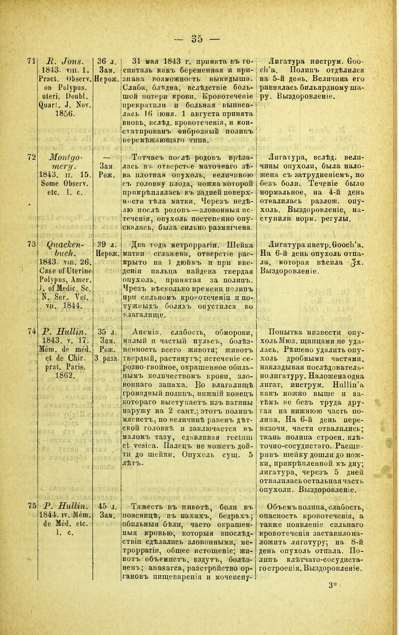 71 72 73 74 75 В. І0П8. 1843. ѵш. 1. Ргасі. ОЬзегѵ, оп Роіуриз. иіегі, 1)оиЫ. ^иагі. Л. Иоѵ. 1856. Мопідо- тегу. 1843. іі. 15. 8оте ОЬзегѵ. еіс. 1. с. (^иасііеп- Ыісіі. 1843. ѵш. 26. Сазе оГШегіпе Роіѵриз, Атег. }. оіМесІіс. 8с. N. 8ег. ѴоІ. ѵ]і. 1844. Р. Ниіііп. 1843. ѵ. 17. Мёт. ае тёа\ еі де СЬіг. ргаі. РагІ8. 1862. Р. НиШп. 1844. іѵ. Мёт. сіе Мё<1. еіс. 1. с. 36 л. За». Не рож. Зам. Рож. 39 л. Нерож. 35 л. Зам. Рож. 3 раза 45 л. Зам. 31 мая 1843 г. принята въ го- спиталь какъ беременная и при- знава возможность выкидыша. Слаба, бл*два, вслѣдствіе боль- шой потери крови. Кровотеченіе прекратили и больная выписа- лась 16 іюня. 1 авгуета принята вноеь, вслѣд. кровотеченія, и кон- статированъ Фиброзный полипъ гіеремѣжающаго типа. Тотчась послѣ родовъ врѣза- лась в'ь отверстье маточнаго зѣ- ва плотная опухоль, величиною съ головку плода, ножка которой прикрѣплялась къ задней поверх- ности тѣла матки. Черезъ недѣ- лю послѣ родовь—зловонныя вс- теченія, опухоль постепенно опу- скалась, была сильно размягчена. Два года метроррагіи. Шейка матки сглая;ена, отверстіе рас- крыто на 1 дюймъ и при вве- деніи пальца найдена твердая опухоль, принятая за полипъ. Чрезъ нѣсколько времени полипъ при сильномъ кроротеченіи и по- тужныхъ боляхъ опустился во илагалище. Анемііі. слабость, обмороки, малый и частый пульсъ, болѣз- ненность всего живота; животъ твердый, раетянугъ; пстеченіе се- розно-гнойное, окрашенное обиль- нымъ колпчествомъ крови, зло- воннаго запаха. Во влагалищѣ громадный полипъ, нижній конецъ котораго выстунаетъ изъ вагины наружу на 2 сант.; этотъ полипъ мясистъ, по келичинѣ равенъ дѣт- ской головкѣ и заключается въ мадомъ тазу, сдавливая гесіит еі ѵезіса. Палецъ не можетъ дой- ти до шейки. Опухоль сущ. 5 лѣтъ. Тяжесть въ животѣ, боли въ поясницѣ, въ пахахъ, бедрахт,; обильныя бѣли, часто окрашен- ныя кровью, которыя впослѣд- ствіп сдѣлались зловонными, ме- троррагіи, общее истощеніе; жи- вотъ объемистъ, вздутъ, бодѣз- ненъ; апазагса, разетройство ор- гановъ пищеваренія и мочеиспу- Лигатура инструм. боо- сЬ'а. Полипъ отдѣлился на 5-й день. Величина его равнялась бильярдному ша- ру. Выздоровленіе. Лигатура, вслѣд. вели- чины опухоли, была нало- жена съ затрудненіемъ, но безъ боли. Теченіе было нормальное, на 4-й день отвалилась разлож. опу- холь. Выздоровленіе, на- ступили норм, регулы. Лигатура инетр. ОоосЬ'а. На 6-й день опухоль отпа- ла, которая вѣсила ^х. Выздоровленіе. Попытка низвести опу- холь Мюз. щипцами не уда- лась. Рѣшено удалить опу- холь дробными частями, накладывая послѣдователь- нолигатуру. Наложенаодна лигат. инструм. НиШп'а какъ можно выше и за- тѣмъ ве безъ труда дру- гая на нижнюю чаеть по- липа. На 6-й день пере- вязочн. части отвалились; ткань полипа строен, кіѣ- точно-сосудистаго. Расши- ривъ шейку дошли до нож- ки, прикрѣпленной къ дну; лигатура, черезъ 5 дней отвалилась остальная часть опухоли. Выздоровленіе. Объемъ полипа, слабость, опасность кровотеченія, а также появленіе сильнаго кровотеченія заставилона- ложить лигатуру; на 8-й день опухоль отпала. По- липъ клѣтчато-сосудиста- го строенія. Выздоровленіе. 3*