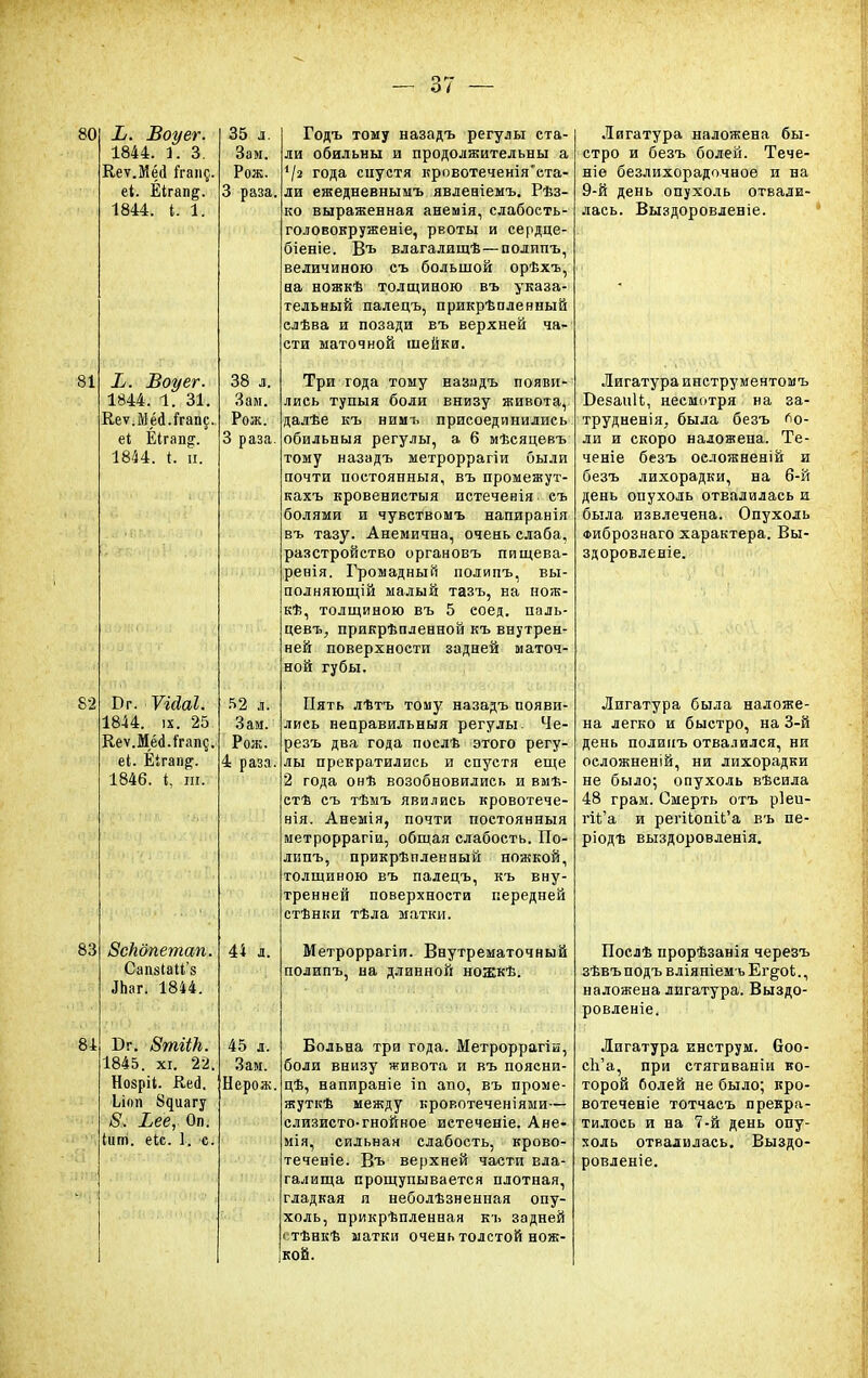80 81 X. Воуег. 1844. 1. 31. Кеѵ.Мёа.Ггапс. еі Еігап<г. 1844. і. п. 82 83 84 2/. Воуег. 1844. 1. 3. Кеѵ.Мёи Ггаис. еі. Ёігап^. 1844. I. 1. Вг. ѴЫаІ. 1844. и. 25. Кеѵ.МёсІ.Ггапс. еі. Еігап^. 1846. і, га. Вскбпетап. Сапвіаи'» Лпаг. 1844. Бг. 8тіік. 1845. хі. 22 Нозріі. Кьі. Ьіоп 8^иа^у 5. Хее, Оп. Іит. еіс. 1. с. 35 л. Зам. Рож. 3 раза. 38 л. Зам. Рож. 3 раза 52 л. Зам. Рож. 4 раза 44 45 л. Зам. Нерож Годъ тому назадъ регулы ста- ли обильны и продолжительны а */г года спустя кровотеченіяста- ли ежедневныыъ явденіемъ. Рѣз- ко выраженная анемія, слабость- головокруженіе, рвоты и сердце- біеніе. Въ влагалищѣ—полипъ, величиною съ большой орѣхъ, на ножкѣ толщиною въ указа- тельный палецъ, прикрѣпленный елѣва и позади въ верхней ча- сти маточной шейки. Три года тому назадъ появи- лись тупыя боли внизу живота, далѣе къ нимъ присоединились обильный регулы, а 6 мѣсяцевъ тому назадъ метроррагіи были почти постоянныя, въ промежут- кахъ кровенистыя истеченія съ болями и чувствомъ напиранія въ тазу. Анемична, очень слаба, разстройство органовъ пищева- ренія. Громадный полипъ, вы- полняющей малый тазъ, на нож- кѣ, толщиною въ 5 еоед. паль- певъ, прикрѣпленной къ внутрен- ней поверхности задней маточ- ной губы. Пять лѣтъ тому назадъ появи- лись неправильныя регулы. Че- резъ два года послѣ этого регу- лы прекратились и спустя еще 2 года онѣ возобновились и вмѣ- стѣ съ тѣмъ явились кровотече- нія. Анемія, почти постоянныя метроррагіи, общая слабость. По- липъ, прикрѣпленный ножкой, толщиною въ палецъ, къ вну- тренней поверхности передней стѣнки тѣла матки. Метроррагіи. Внутрематочный полипъ, на длинной ножкѣ. Больна три года. Метроррагік, боли внизу живота и въ поясни- цѣ, напираніе іп аію, въ проме- жуткѣ между кровотечениями— слизисто-гнойное иетеченіе. Ане- мія, сильная слабость, крово- теченіе. Въ верхней части вла- галища прощупывается плотная, гладкая и неболѣзненная опу- холь, прикрѣпленная къ задней і тѣнкѣ матки очень толстой нож- кой. Лигатура наложена бы- стро и безъ болей. Тече- те безлихорадочное и на 9-й день опухоль отвади- лась. Выздоровленіе. Лигатураинструментомъ Безаиіі., несмотря на за- труднения, была безъ по- ли и скоро наложена. Те- чете безъ оеложненій и безъ лихорадки, на 6-й день опухоль отвалилась и была извлечена. Опухоль Фибрознаго характера. Вы- здоровленіе. Лигатура была наложе- на легко и быстро, на 3-й день полипъ отвалился, ни осложненій, ни лихорадки не было; опухоль вѣсида 48 грам. Смерть отъ ріеи- гіі'а и регі{,опі(;'а въ пе- ріодѣ выздоровленія. Послѣ прорѣзанія черезъ зѣвъ подъ вліяніемь Ег^оЬ., наложена лигатура. Выздо- ровление. Лигатура инструм. боо- сЬ'а, при стягиваніи ко- торой Солей не было; кро- вотеченіе тотчасъ прекра- тилось и на 7-й день опу- холь отвалилась. Выздо- ровленіе.