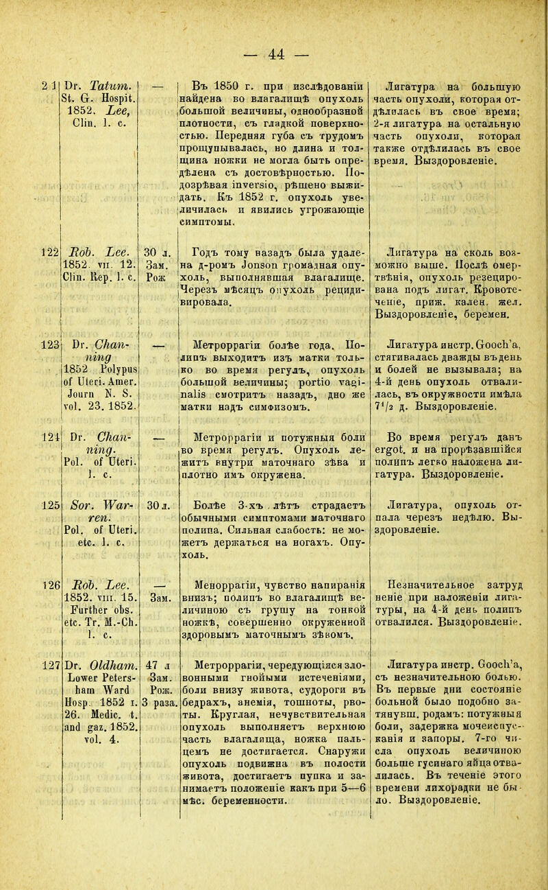 2 1 122 Эг. Таіит. 84. &. Новріі. 1852. Ьее, Сііп. 1. с. 123 124 125 126 127 ЛоЪ. Хее. 1852. то: 12. Сйп. Пер. 1. е. Юг. СІгаѣ- піпд 1852 Роіурик оГ ІЛегі. Атег. <!оигп N. 8. ѵоі. 23.1852. рі. Сігап- піпд. Роі. оі ІЛегі ]. с. 8ог. ІУаг- геп. Роі. оГ Ше»к еіс. 1. с. ЕоЪ. Ъее. 1852. ѵііі. 15. ЕигіЬег оЬз. ек. Тг. М.-Сп. Бг. ОШкат Ъоѵег Реіегз- Ьаіп ЧУаги Нозр. 1852 і 26. Меаіс. і ап<1 1852. ѵоі. 4. 30 л. Зам. Рож I Въ 1850 г. при изслѣдованіи .найдена во влагалищѣ опухоль большой величины, однообразной плотности, съ гладкой поверхно- стью. Передняя губа съ трудомъ прощупывалась, но длина и тол- Іщина ножки не могла быть опре- делена съ достовѣрностью. По- дозрѣвая іпѵегзіо, рѣшено выжи- дать. Къ 1852 г, опухоль уве- личилась и явились угрожающіе симптомы. Годъ тому назадъ была удале- на д-ромъ .Іопзоп громадная опу- холь, выполнявшая влагалище. Черезъ мѣсяцъ опухоль рециди- вировала. 30 л. Метроррагіи болѣе года. По- липъ выходитъ изъ матки толь- ко во время регудъ, опухоль большой величины; рогііо ѵа^і- паііз смотритъ назадъ, дно же матки надъ симфизомъ. Метроррагіи и потужныя боли во время регулъ. Опухоль ле- житъ внутри маточнаго зѣва и плотно имъ окружена. Болѣе 3-хъ . лѣтъ страдаетъ обычными симптомами маточнаго полипа. Сильная слабость: не мо- жетъ держаться на ногахъ. Опу- холь. Меноррагіи, чувство напиранія внизъ; полипъ во влагалищѣ ве- личиною съ грушу на тонкой ножкѣ, совершенно окруженной здоровымъ маточнымъ зѣвомъ. 47 л Метроррагіи, чередующіяся зло- Зам, вонными гнойыми истеченіями, Рож. боли внизу живота, судороги въ 3 раза, бедрахъ, анемія, тошноты, рво- ты. Круглая, нечувствительная опухоль выполняетъ верхнюю часть влагалища, ножка паль- цемъ не достигается. Снаружи опухоль подвижна въ полости живота, достигаетъ пупка и за- нимаетъ положеніе какъ при 5—6 мѣс. беременности. Зам. Лигатура на большую часть опухоли, которая от- дѣлилась въ свое время; 2-я лигатура на остальную часть опухоли, которая также отдѣлилась въ свое время. Выздоровленіе. Лигатура на сколь вов- можно выше. Поелѣ омер- твѣнія, опухоль резециро- вана подъ лигат. Кровоте- ченіе, приж. кален, жел. Выздоровленіе, беремен. Лигатура инстр. СгоосЬ'а, стягивалась дважды въдень и болей не вызывала; на 4-й день опухоль отвали- лась, въ окружности имѣла 7*/а д. Выздоровленіе. Во время регулъ данъ ег§оі. и на прорѣзавшійся полипъ легко наложена ли- гатура. Выздоровленіе. Лигатура, опухоль от- пала черезъ недѣлю. Вы- здоровленіе. Незначительное затруд неніе при наложеніи лига- туры, на 4-й день полипъ отвалился. Выздоровленіе. Лигатура инстр. Сооск'а, съ незначительною болью. Въ первые дни состояніе больной было подобно за- тянувш. родамъ: потужныя боли, задержка мочеиспус- канія и запоры. 7-го чи- сла опухоль величиною больше гусинаго яйца отва- лилась. Въ теченіе этого времени лихорадки не бы ло. Выздоровленіе.