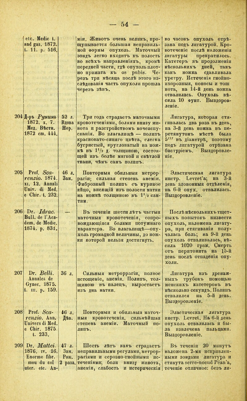 204 Д-ръ Рунинъ 1872. х. 7. Мед. Вѣстн. 1872 сш. 444. 205 206 207 208 209 еіс. Мейіс і. апй %аъ. 1872. і. іѣ р. 516. Ргоі. 8са- гешго. 1874. хі. 12. Аппаіі ІГпіт. йі Мей. е СЬіг. I. 232. Бг. Шгас. Виіі. йе 1'Лса- йет. йе Мейіс. 1874. р. 831. Бг. ВеШ. Аппаіе» йе Оупес. 1875. і. ш. р. 159. Ргоі. 8са- гешго. Апп. ІІшѵегз йі Мей. е СЬіг. 1875. і. 233. Вт. Маііеі- 1876. іѵ. 16. Епогте ГіЬг. той йи соі иіег. еіс. Ап- 52 л. Вдова Нер. 46 д. Зам. 36 л. 46 л. Дѣв. 47 л. Зам. Рож. 2 раза. міи. Животъ очень великъ, про- щупывается большая неправиль- ной Формы опухоль. Маточный зондъ легко входитъ въ полость во всѣхъ направленіяхъ, кромѣ передней части, гдѣ опухоль плот' но прижата къ оз риЬіа. Че- резъ три мѣсяца послѣ этого из- слѣдованія часть опухоли прошла черезъ зѣвъ. Три года страдаетъ маточными кровотечениями, болями внизу жи- вота и разстройствомъ мочеиспу- сканія. Во влагалищѣ — полипъ красновато-синяго цвѣта, слегка бугристый, кругловатый на нож- кѣ въ 1'/2 д. толщиною, состоя- щей изъ болѣе мягкой и свѣтлой ткани, чѣмъ самъ полипъ. Повторныя обильный метрор рагіи; сильная степень анеміи. Фиброзный полипъ съ куриное яйцо, виеящій изъ полости матки на ножкѣ толщиною въ сан- тим. Въ теченіи шести лѣтъ частыя маточныя кровотеченія, сопро- вождающаяся болями потужнаго характера. Во влагалищѣ—опу- холь громадной величины, до нож- ки которой нельзя достигнуть. Сильныя метроррагіи, полное истощеніе, анемія. Полипъ, тол- щиною въ палецъ, выростаетъ изъ дна матки. Повторныя и обильныя маточ- ныя кровотеченія, сильнѣйшая степень анеміи. Маточный по- липъ. Шесть лѣтъ какъ страдаетъ неправильными регулами, метрор- рагіями и серозно-гнойными ис- теченіями; боли внизу живота, анемія, слабость и истеричеекія ко часовъ опухоль отрѣ- зана подъ лигатурой. Кро- вотеченіе послѣ наложенія лигатуры прекратилось. Катетеръ въ продолженіи нѣсколькихъ дней, такъ какъ ножка сдавливала уретру. Истеченія гнойно- ихорозныя, поносы и тош нота, на 14-й день ножка отвалилась. Опухоль вѣ- сила 10 Фунт. Выздоров- леніе. Лигатура, которая стя- гивалась два раза въ день, на 3-й день ножка въ пе- ретянутомъ мѣстѣ была Ь' въ діаметрѣ, поэтому подъ лигатурой отрѣзана бистуріемъ. Выздоровле- ніе. Эластическая лигатура инстр. Ьеѵгеѣ'а-, на 3-й день зловонныя отдѣленія, на 6-й опух, отвалилась. Выздоровленіе. Поелѣ нѣсколькихъ тщет- ныхъ попытокъ низвести опухоль, наложена лигату- ра, при стягиваніи полу- чалась боль; на 9-й день опухоль отваливалась, вѣ- сила 1020 граіг. Смерть отъ перитонита на 15-й день послѣ отпаденія опу- холи. Лигатура нзъ дренаж- ныхъ трубокъ помощью женскихъ катетеровъ въ нѣсколько секундъ. Полипъ отвалился на 5-й день. Выздоровленіе. Эластическая лигатура инстр. ЬеѵгеІ;. На 6-й день опухоль отвалилась и бы- ла извлечена пальцами. Выздоровленіе. Въ теченіи 20 минутъ наложена 2-мя искривлен- ными зондами лигатура и стянута еегге-поеікі Рёап'а, теченіе отличное: безъ ли-