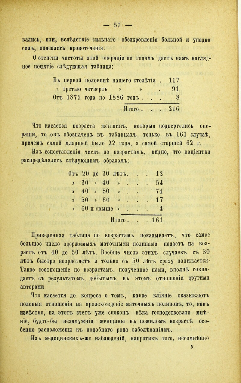 вались, или, вслѣдствіе сильваго обезкровлееія больной и упадка силъ, опасались кровотеченія. О степени частоты этой операціи по годамъ даетъ намъ нагляд- ное понатіе слѣдующая таблица: Въ первой половиеѣ нашего столѣтія . 117 » третью четверть » » .91 Отъ 1875 года по 1886 годъ ... 8 Итого 216 Что касается возраста женщинъ, который подвергались опе- раціи, то онъ обозначенъ въ таблицахъ только въ 161 случаѣ, причемъ самой младшей было 22 года, а самой старшей 62 г. Изъ сопоставленія числъ по возрастамъ, видно, что паціентки распредѣлялись слѣдующимъ образомъ: Отъ 20 до 30 лѣтъ. > 30 » 40 » . > 40 » 50 » . » 50 > 60 » . > 60 и свыше » . Итого 12 54 74 17 4 161 Приведенная таблица по возрастамъ показываетъ, что самое большое число одержямыхъ маточными полипами падаетъ на воз- растъ отъ 40 до 50 лѣтъ. Вообще число этихъ случаевъ съ 30 лѣтъ быстро возрастаетъ и только съ 50 лѣтъ сразу понижается- Такое соотношеніе по возрастамъ, полученное нами, вполнѣ совпа- даетъ съ результатомъ, добытымъ въ этомъ отношеніи другими авторами. Что касается до вопроса о томъ, какое вліяніе оказываютъ половыя отношенія на происхожденіе маточныхъ полиповъ, то, какъ извѣстно, на этотъ счетъ уже споконъ вѣка господствовало мнѣ- ніе, будто-бы незамужнія женщины въ пожиломъ возрастѣ осо- бенно расположены къ подобнаго рода заболѣваніямъ. Изъ медицинскихъ-же наблюденій, напротивъ того, несомнѣнно