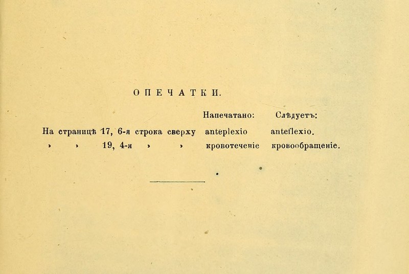 ОПЕЧАТКИ. Напечатано: Слѣдуетъ: На страницѣ 17, 6-я строка сверху апіеріехіо апЬеПехіо. » » 19, 4-я > > кровотеченіе кровообращеніе.