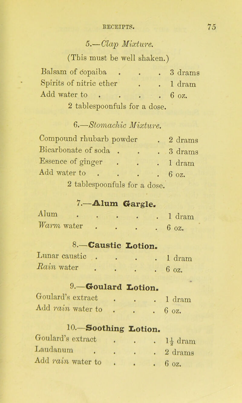 5.—Clap Mixture. (This must be well shaken.) Balsam of copaiba . . .3 drams Spirits of nitric ether . . 1 dram Add water to . . .6 oz. 2 tablespoonfuls for a dose. 6.—Stomachic Mixture. Compound rhubarb powder . 2 drams Bicarbonate of soda . . .3 drams Essence of ginger . . .1 dram Add water to . . . . 6 oz. 2 tablespoonfuls for a dose. 7.—Alum Gargle. ^um ••••.]: dram Warn water . . . . 6 oz. 8-—Caustic Lotion. Lunar caustic .... 1 dram Rain water . . . . 6 oz. 9. —Goulard Lotion. Goulard’s extract . . . 1 dram Add rain water to . . 6 oz. 10. —Soothing Lotion. Goulard’s extract . . . ]i dram Laudanum .... 2 drams Add rain water to . . 6 oz.