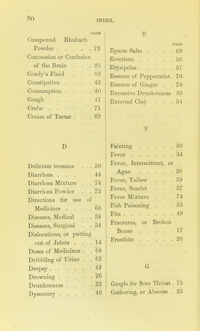 INDEX. TAGE Compound Rhubarb Powder 72 Concussion or Confusion of the Brain ... 25 Condy’s Fluid ... 69 Constipation . . . .43 Consumption .... 40 Cough 41 Crabs 71 Cream of Tartar . . .69 D Delirium tremens . . 50 Diarrhoea 44 Diarrhoea Mixture . . 74 Diarrhoea Powder . .72 Directions for use of Medicines . . . .68 Diseases, Medical . . 34 Diseases, Surgical . .54 Dislocations, or putting out of Joints ... 14 Doses of Medicines . . 68 Dribbling of Urine . .62 Dropsy 42 Drowning 26 Drunkenness .... 33 Dysentery 46 E PAGE Epsom Salts . . . .69 Erections 56 Erysipelas 37 Essence of Peppermint. 70 Essence of Ginger . .70 Excessive Drunkenness 33 External Clap . . . 54 F Fainting 30 Fever 34 Fever, Intermittent, or Ague 36 Fever, Yellow 39 Fever, Scarlet 37 Fever Mixture . . . 74 Fish Poisoning . . . 33 Fits 49 Fractures, or Broken Bones 17 Frostbite 26 G Gargle for Sore Throat. 75 Gathering, or Abscess . 23
