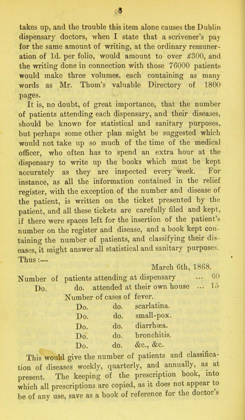 dispensary doctors, when I state that a scrivener’s pay for the same amount of writing, at the ordinary remuner- ation of Id. per folio, would amount to over £300, and the writing done in connection with those 76000 patients would make three volumes, each containing as many words as Mr. Thom’s valuable Directory of 1800 pages. It is, no doubt, of great importance, that the number of patients attending each dispensary, and their diseases, should be known for statistical and sanitary purposes,, but perhaps some other plan might be suggested which would not take up so much of the time of the medical officer, who often has to spend an extra hour at the dispensary to write up the books which must be kept accurately as they are inspected every week. For instance, as all the information contained in the relief register, with the exception of the number and disease of the patient, is written on the ticket presented by the patient, and all these tickets are carefully filed and kept, if there were spaces left for the insertion of the patient’s number on the register and disease, and a book kept con- taining the number of patients, and classifying their dis- eases, it might answer all statistical and sanitary purposes. Thus:— March 6th, 1868. Number of patients attending at dispensary ... 60 Do. do. attended at their own house ... 15 Number of cases of fever. Do. do. scarlatina. Do. do. small-pox. Do. do. diarrhoea. Do. do. bronchitis. Do. do. &c., &c. This would give the number of patients and classifica- tion of diseases weekly, quarterly, and annually, as at present. The keeping of the prescription book, into which all prescriptions are copied, as it does not appear to be of any use, save as a book of reference for the doctor’s