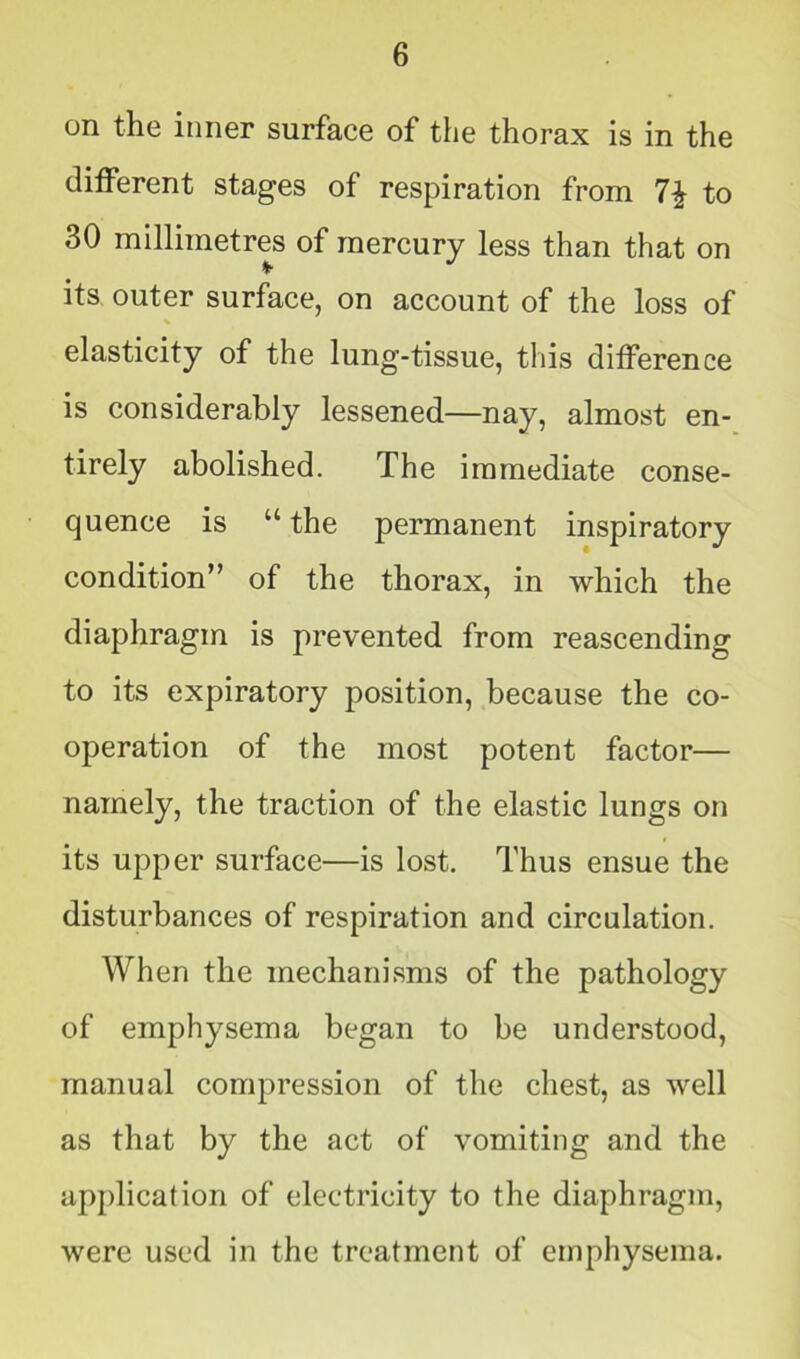 on the inner surface of the thorax is in the different stages of respiration from to 30 millimetres of mercury less than that on its outer surface, on account of the loss of elasticity of the lung-tissue, this difference is considerably lessened—nay, almost en- tirely abolished. The immediate conse- quence is “ the permanent inspiratory condition” of the thorax, in which the diaphragm is prevented from reascending to its expiratory position, because the co- operation of the most potent factor— namely, the traction of the elastic lungs on its upper surface—is lost. Thus ensue the disturbances of respiration and circulation. When the mechanisms of the pathology of emphysema began to be understood, manual compression of the chest, as well as that by the act of vomiting and the application of electricity to the diaphragm, were used in the treatment of emphysema.