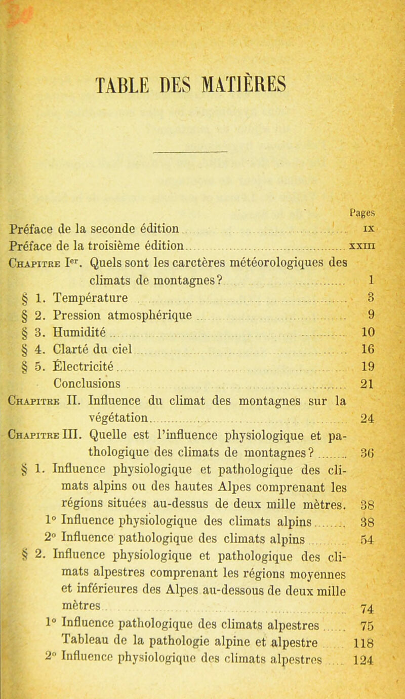 TABLE DES MATIÈRES E’ages Préface de la seconde édition ix Préface de la troisième édition xxm Chapitre I. Quels sont les carctères météorologiques des climats de montagnes? 1 § 1. Température 3 § 2. Pression atmosphérique . 9 § 3. Humidité 10 § 4. Clarté du ciel 16 § 5. Électricité.. 19 Conclusions 21 Chapitre II. Influence du climat des montagnes sur la végétation 24 Chapitre III. Quelle est l’influence physiologique et pa- thologique des climats de montagnes? 36 § 1. Influence physiologique et pathologique des cli- mats alpins ou des hautes Alpes comprenant les régions situées au-dessus de deux mille mètres. 38 lo Influence physiologique des climats alpins 38 2 Influence pathologique des climats alpins 54 2. Influence physiologique et pathologique des cli- mats alpestres comprenant les régions moyennes et inférieures des Alpes au-dessous de deux mille mètres 74 1° Influence pathologique des climats alpestres 75 ' ■ Tableau de la pathologie alpine et alpestre 118 fc 2 Influence physiologique des climats alpe.strns 124