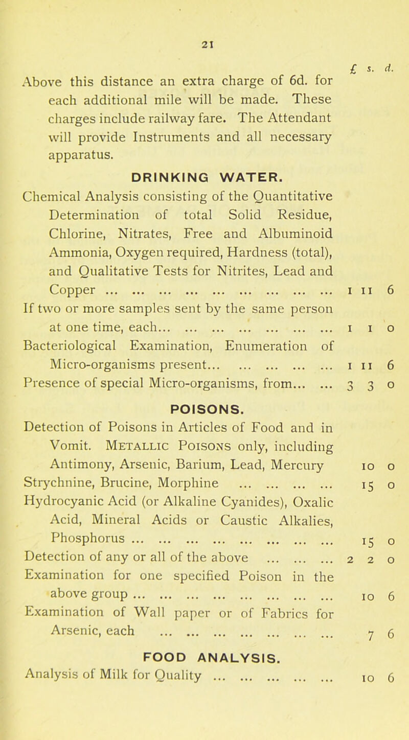 £ s. d. Above this distance an extra charge of 6d. for each additional mile will be made. These charges include railway fare. The Attendant will provide Instruments and all necessary apparatus. DRINKING WATER. Chemical Analysis consisting of the Quantitative Determination of total Solid Residue, Chlorine, Nitrates, Free and Albuminoid Ammonia, Oxygen required, Hardness (total), and Qualitative Tests for Nitrites, Lead and Copper in 6 If two or more samples sent by the same person at one time, each x i o Bacteriological Examination, Enumeration of Micro-organisms present i n 6 Presence of special Micro-organisms, from 3 3 o POISONS. Detection of Poisons in Articles of Food and in Vomit. Metallic Poisons only, including Antimony, Arsenic, Bai-ium, Lead, Mercury 10 o Strychnine, Brucine, Morphine 15 o Hydrocyanic Acid (or Alkaline Cyanides), Oxalic Acid, Mineral Acids or Caustic Alkalies, Phosphorus 15 0 Detection of any or all of the above 2 2 o Examination for one specified Poison in the above group 10 6 Examination of Wall paper or of Fabrics for Arsenic, each 7 6 FOOD ANALYSIS. Analysis of Milk for Quality 1Q 6