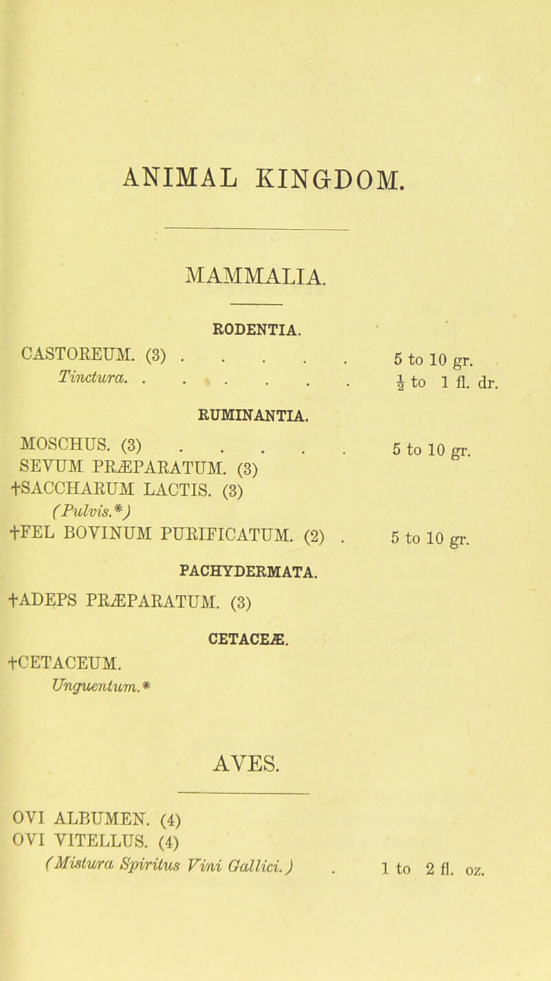 ANIMAL KINGDOM. MAMMALIA. RODENTIA. CASTOREUM. (3) . Tinctura RUMINANTIA. MOSCHUS. (3) SEVUM PRjEPARATUM. (3) +SACCHARUM LACTIS. (3) (Pulvis. *) tFEL BOYINUM PURIFICATUM. (2) . PACHYDERMATA. tADEPS PRJ1PARATUM. (3) cetacea:. tCETACEUM. Ungucntum. * AYES. OVI ALBUMEN. (4) OVI YITELLUS. (4) 5 to 10 gr. i to 1 fl. dr. 5 to 10 gr. 5 to 10 gr.