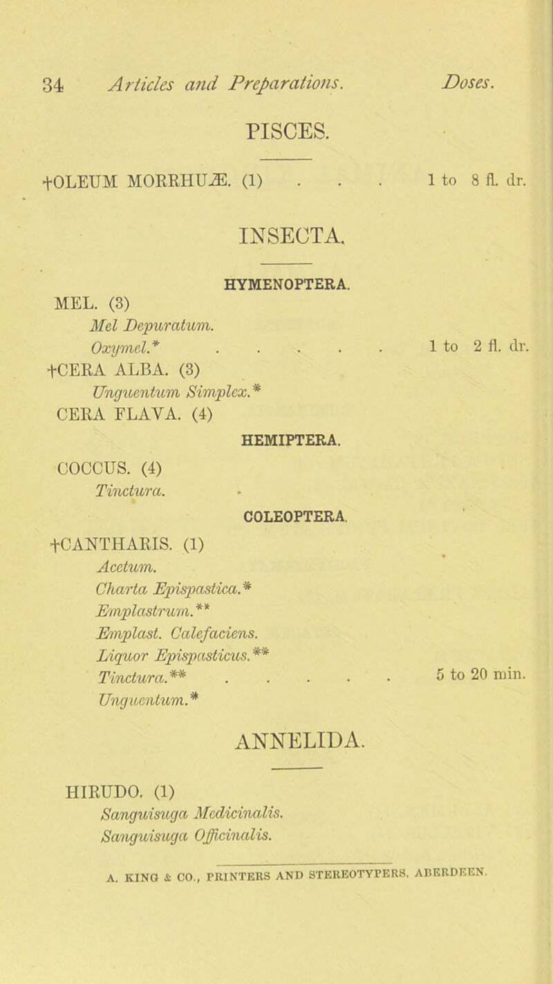 PISCES. tOLEUM MORRHU2E. (1) INSECTA. HYMENOPTERA. MEL. (3) Mel Depuratum. Oxymcl.* .... fCERA ALBA. (3) Unguentum Simplex.* CERA FLAVA. (4) HEMIPTERA. COCCUS. (4) Tinctura. COLEOPTERA. +CANTHARIS. (1) Acctum. Charta Epispastica.* Emplastrurn. ** Emplast. Calefaciens. Liquor Epispasticus. ** Tinctura.** Unguentum.* 1 to 8 fl. dr. 1 to 2 fl. dr. 5 to 20 min. ANNELIDA. HIRUDO. (1) Sanguisuga Medicinalis. Sanguisuga Officinalis. A. KING & CO., PRINTERS AND STEREOTYPERS. ARERDEEN.