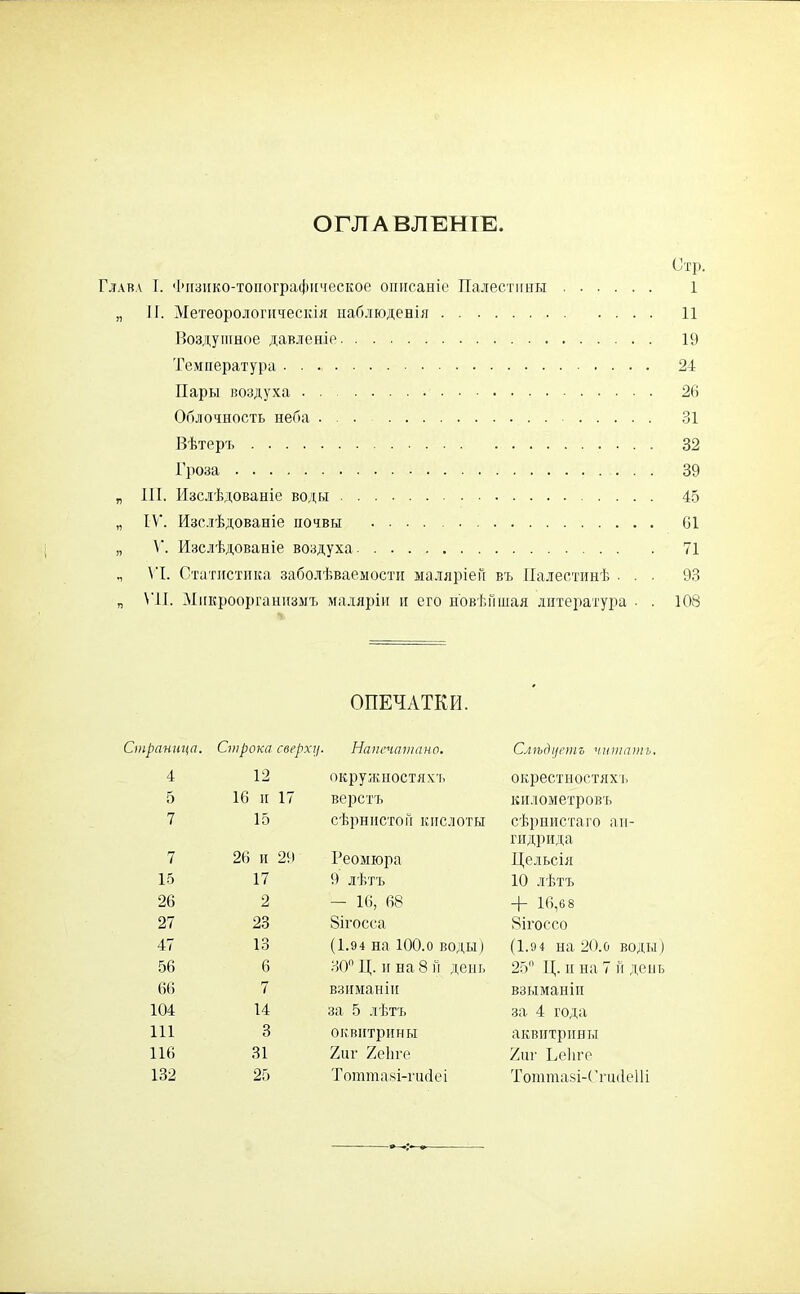 ОГЛАВЛЕНІЕ. Глава I. Физико-топографическое описаніе Палестины .... „ II. Метеорологическія наблюденія Воздушное давленіе Температура Пары воздуха Облочность неба . . Вѣтеръ Гроза „ III. Изслѣдованіе воды „ IV. Изслѣдованіе почвы .... „ V. Изслѣдованіе воздуха „ VI. Статистика заболѣваемости маляріей въ Палестинѣ • „ VII. Микроорганизмъ маляріи и его новѣйшая литература ;раница. Строка сверху. ОПЕЧАТКИ. Напечатано. Слѣдуетъ читать. 4 12 окружностяхъ окрестностяхъ 5 16 и 17 верстъ километровъ 7 15 сѣрнистой кислоты сѣрнистаго ап- 7 26 и 29 Реомюра гидрида Цельсія 15 17 9 лѣтъ 10 лѣтъ 26 2 — 16, 68 “I- 16,68 27 23 Зігосса Зігоссо 47 13 (1.94 на ЮО.о воды) (1.94 на 20.о воды) 56 6 30° Ц. и на 8 и день 25° Ц. и на 7 й день 66 7 взиманіи взыманіи 104 14 за 5 лѣтъ за 4 года 111 3 оі; витрины аквитрины 116 31 2иг 2е1іге 2иг Ьеііге 132 25 Тоттаві-гисіеі Тоінтазі-Ггиііеііі Стр. 1 11 19 24 26 31 32 39 45 61 71 93 108