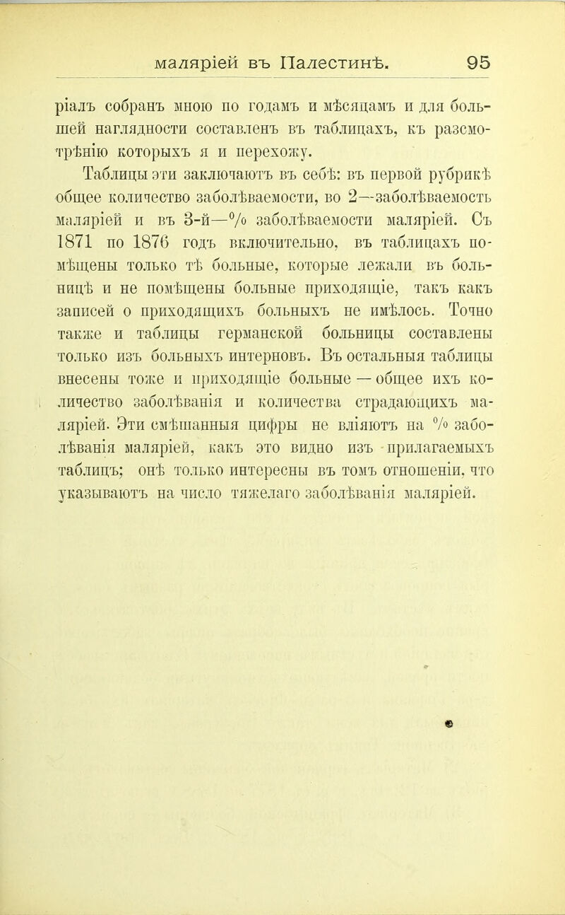 ріалъ собранъ мною по годамъ и мѣсяцамъ и для боль- шей наглядности составленъ въ таблицахъ, къ разсмо- трѣнію которыхъ я и перехожу. Таблицы эти заключаютъ въ себѣ: въ первой рубрикѣ общее количество заболѣваемости, во 2—заболѣваемость маляріей и въ 8-й—% заболѣваемости маляріей. Съ 1871 по 1876 годъ включительно, въ таблицахъ по- мѣщены только тѣ больные, которые лежали въ боль- ницѣ и не помѣщены больные приходящіе, такъ какъ записей о приходящихъ больныхъ не имѣлось. Точно также и таблицы германской больницы составлены только изъ больныхъ интерновъ. Въ остальныя таблицы внесены тоже и приходящіе больные — общее ихъ ко- личество заболѣванія и количества страдающихъ ма- ляріей. Эти смѣшанныя цифры не вліяютъ на % забо- лѣванія маляріей, какъ это видно изъ прилагаемыхъ таблицъ; онѣ только интересны въ томъ отношеніи, что указываютъ на число тяжелаго заболѣванія маляріей.
