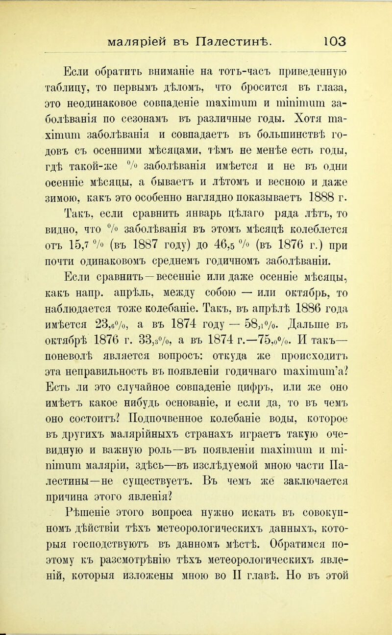 Если обратить вниманіе на тотъ-часъ приведенную таблицу, то первымъ дѣломъ, что бросится въ глаза, это неодинаковое совпаденіе шахіпшт и тішптт за- болѣванія по сезонамъ въ различные годы. Хотя та- хіптт заболѣванія и совпадаетъ въ большинствѣ го- довъ съ осенними мѣсяцами, тѣмъ не менѣе есть годы, гдѣ такой-же % заболѣванія имѣется и не въ одни осенніе мѣсяцы, а бываетъ и лѣтомъ и весною и даже зимою, какъ это особенно наглядно показываетъ 1888 г. Такъ, если сравнить январь цѣлаго ряда лѣтъ, то видно, что % заболѣванія въ этомъ мѣсяцѣ колеблется отъ 15,7 % (въ 1887 году) до 46,5 % (въ 1876 г.) при почти одинаковомъ среднемъ годичномъ заболѣваніи. Если сравнить —весенніе или даже осенніе мѣсяцы, какъ напр. апрѣль, между собою — или октябрь, то наблюдается тоже колебаніе. Такъ, въ апрѣлѣ 1886 года имѣется 23,6%, а въ 1874 году — 58,і%. Дальше въ октябрѣ 1876 г. 33,з%, а въ 1874 г.—175,о%. И такъ— поневолѣ является вопросъ: откуда же происходит!, эта неправильность въ появленіи годичнаго тахіишиі’а? Есть ли это случайное совпаденіе цифръ, или же оно имѣетъ какое нибудь основаніе, и если да, то въ чемъ оно состоитъ? Подпочвенное колебаніе воды, которое въ другихъ малярійныхъ странахъ играетъ такую оче- видную и важную роль—въ появленіи піахітшп и ті- піпшт маляріи, здѣсь—въ изслѣдуемой мною части Па- лестины—не существуетъ. Въ чемъ же заключается причина этого явленія? Рѣшеніе этого вопроса нужно искать въ совокуп- номъ дѣйствіи тѣхъ метеорологическихъ данныхъ, кото- рыя господствуютъ въ данномъ мѣстѣ. Обратимся по- этому къ разсмотрѣнію тѣхъ метеорологическихъ явле- ній, которыя изложены мною во II главѣ. Но въ этой