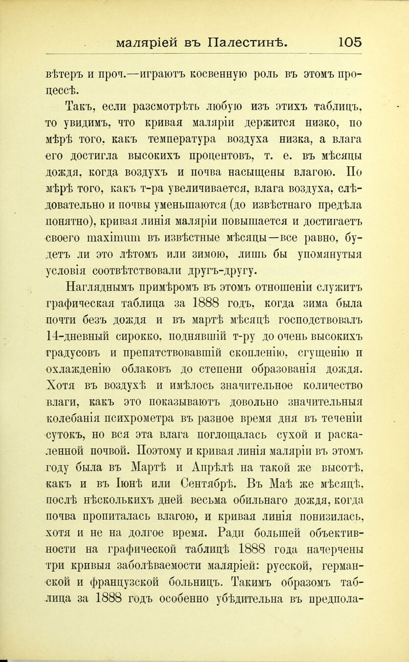 вѣтеръ и проч.—играютъ косвенную роль въ этомъ про- цессѣ. Такъ, если разсмотрѣть любую изъ этихъ таблицъ, то увидимъ, что кривая маляріи держится низко, по мѣрѣ того, какъ температура воздуха низка, а влага его достигла высокихъ процентовъ, т. е. въ мѣсяцы дождя, когда воздухъ и почва насыщены влагою. По мѣрѣ того, какъ т-ра увеличивается, влага воздуха, слѣ- довательно и почвы уменьшаются (до извѣстнаго предѣла понятно), кривая линія маляріи повышается и достигаетъ своего тахітшп въ извѣстные мѣсяцы—все равно, бу- детъ ли это лѣтомъ или зимою, лишь бы упомянутыя условія соотвѣтствовали другъ-другу. Нагляднымъ примѣромъ въ этомъ отношеніи служитъ графическая таблица за 1888 годъ, когда зима была почти безъ дождя и въ мартѣ мѣсяцѣ господствовалъ 14-дневный сирокко, поднявшій т-ру до очень высокихъ градусовъ и препятствовавшій скопленію, сгущенію п охлажденію облаковъ до степени образованія дождя. Хотя въ воздухѣ и имѣлось значительное количество влаги, какъ это показываютъ довольно значительныя колебанія психрометра въ разное время дня въ теченіи сутокъ, но вся эта влага поглощалась сухой и раска- ленной почвой. Поэтому и кривая линія маляріи въ этомъ году была въ Мартѣ и Апрѣлѣ на такой же высотѣ, какъ и въ Іюнѣ или Сентябрѣ. Въ Маѣ же мѣсяцѣ, послѣ нѣсколькихъ дней весьма обильнаго дождя, когда почва пропиталась влагою, и кривая линія понизилась, хотя и не на долгое время. Ради большей объектив- ности на графической таблицѣ 1888 года начерчены три кривыя заболѣваемости маляріей: русской, герман- ской и французской больницъ. Такимъ образомъ таб- лица за 1888 годъ особенно убѣдительна въ предпола-