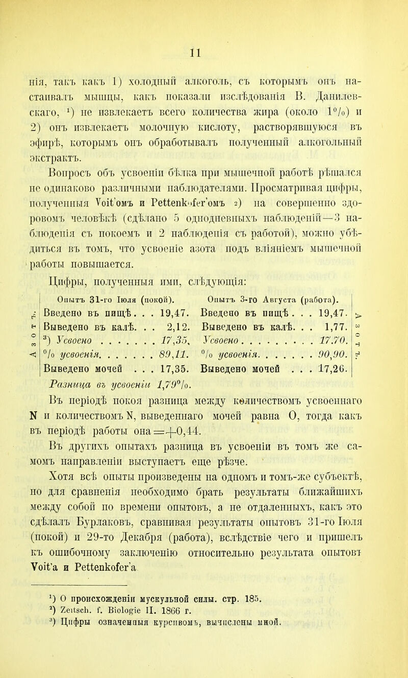 нія, такъ какъ 1) холодный алкоголь, съ которымъ онъ на- стаивалъ мышцы, какъ показали изслѣдоваиія В. Даыилев- скаго, ие извлекаетъ всего количества жира (около 1°/о) и 2) онъ извлекаетъ молочную кислоту, растворявшуюся въ эфирѣ, которыімъ онъ обработывалъ полученный алкогольный экстрактъ. Вопросъ объ усвоеніи бѣлка при мышечной работѣ рѣшался не одинаково различными наблюдателями. Просматривая цифры, полученныя Ѵоііомъ и Реііепк-і^егомъ 2) иа совершенно здо- ровомъ человѣкѣ (сдѣлано 5 однодневныхъ наблюденій—3 на- б^[юденія съ нокоемъ и 2 наблюдеиія съ работой), можно убѣ- диться въ томъ, что усвоеніе азота подъ вліяніемъ мышечной работы повышается. Ци({)ры, полученныя ими, слѣдующія: Опытъ 31-го Іюля (покой). Опытъ 3-го Августа (работа). Введено въ пищѣ. . . 19,47. Введено въ пищѣ . . . 19,47. > ^ Выведено въ ка.іѣ. . . 2,12. Выведено въ ка.іѣ. . . 1,77.  ° Усвоено ....... 17,35, Усвоено 17.70. ^ < °/о усвоетя 89,11. °/о усвоенія 90,90. ^ Выведено мочей . . . 17,35. Выведено мочей . . . 17,26. Разница въ усвоен'ш 1,79^Іо. Въ неріодѣ покоя разница мелсду кѳличествомъ усвоеннаго N и количествомъ К, выведеннаго мочей равна О, тогда какъ въ періодѣ работы она =^0,44. Въ другихъ опытахъ разница въ усвоеніи въ томъ же са- момъ направленіи выступаетъ еще рѣзче. Хотя всѣ опыты произведены на одномъ и томъ-же субъектѣ, но для сравненія необходимо брать результаты ближайшихъ между собой по времени онытовъ, а не отдалепныхъ, какъ это сдѣлалъ Бурлаковъ, сравнивая результаты онытовъ 31-го Іюля (покой) и 29-то Декабря (работа), всяѣдствіе чего и пришелъ къ ошибочному заключенію относительно результата опытовт Ѵоі1'а и РеІІепкоГега. ') о происхожденін мускульной силы. стр. 185. 2еіІ8сЬ. Віоіо^іе II. 1866 г. ^) Цифры означенаыя курсіівомь, вичііс.тены ыноЯ.