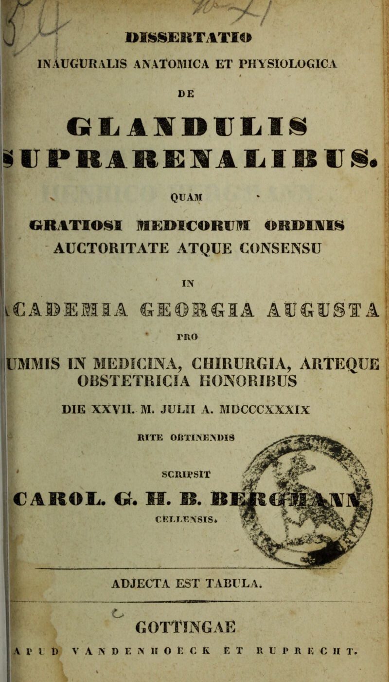 DISSERTATIO IN AUGURALIS ANATOMICA ET PHYSIOLOGICA DE GLAIDULIi ilTPRAHEMLIEUI. ^ QUAM «RATIOSI MEDICORUM ORDINIS AUCTORITATE ATQUE CONSENSU IX iCAUEISA AtGUSTA PRO IUMMIS IN MEDICINA, CHIRURGIA, ARTEQUE OBSTETRICIA HONORIBUS DIE XXVII. M. JULII A. MDCCCXXXIX RITE SCRIPSIT CAROL. GG II. B. R CETXENSIS» ADJECTA EST TABULA. O GOTTINGAE A Pii) VAKDEKHOtCS E T R U P R E C II X.