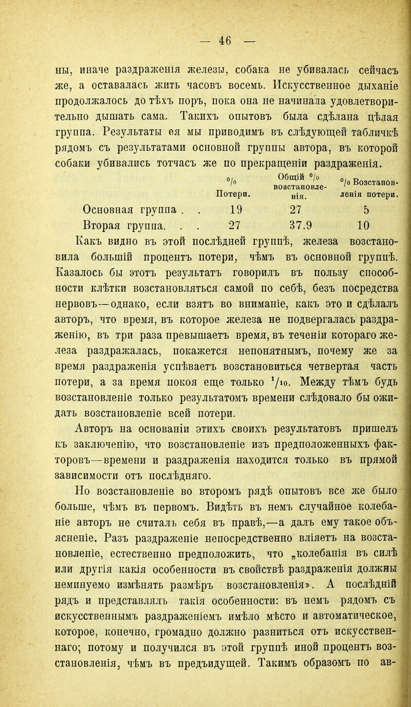 ны, иначе раздраженія железы, собака не убивалась сейчасъ же, а оставалась жить часовъ восемь. Искусственное дыханіе продолжалось до тѣхъ поръ, пока она не начинала удовлетвори- тельно дышать сама. Такихъ опытовъ была сдѣлана цѣлая группа. Результаты ея мы приводимъ въ слѣдующей табличкѣ рядомъ съ результатами основной группы автора, въ которой собаки убивались тотчасъ же по прекращеніи раздраженія. °/о Общій /о о, Возстанов- вовстановле- ' Потери. лѳнія потери. Основная группа . . 19 27 5 Вторая группа. . . 27 37.9 10 Какъ видно въ этой послѣдней группѣ, железа возстано- вила большій процентъ потери, чѣмъ въ основной группѣ. Казалось бы этотъ результатъ говорилъ въ пользу способ- ности клѣтки возстановляться самой по себѣ, безъ посредства нервовъ—однако, если взятъ во вниманіе, какъ это и сдѣлалъ авторъ, что время, въ которое железа не подвергалась раздра- женію, въ три раза превышаетъ время, въ теченіи котораго же- леза раздражалась, покажется непонятнымъ, почему же за время раздраженія успѣваетъ возстановиться четвертая часть потери, а за время покоя еще только 7*о- Между тѣмъ будь возстановленіе только результатомъ времени слѣдовало бы ожи- дать возстановленіе всей потери. Авторъ на основаніи этихъ своихъ результатовъ пришелъ къ заключенію, что возстановленіе изъ предположенныхъ фак- торовъ—времени и раздраженія находится только въ прямой зависимости отъ послѣдняго. Но возстановленіе во второмъ рядѣ опытовъ все же было больше, чѣмъ въ первомъ. Видѣть въ немъ случайное колеба- ніе авторъ не считалъ себя въ правѣ,—а далъ ему такое объ- ясненіе. Разъ раздраженіе непосредственно вліяетъ на возста- новленіе, естественно предположить, что „колебанія въ силѣ или другія какія особенности въ свойствѣ раздраженія должны неминуемо измѣнять размѣръ возстановленія». А послѣдній рядъ и представлялъ такія особенности: въ немъ рядомъ съ искусственнымъ раздралгеніемъ имѣло мѣсто и автоматическое, которое, конечно, громадно должно разниться отъ искусствен- наго; потому и получился въ этой группѣ иной процентъ воз- становленія. чѣмъ въ предъидущей. Такимъ образомъ по ав-