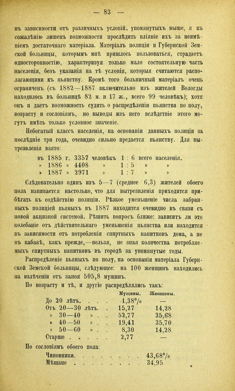 въ зависимости отъ различныхъ условій, упомянутыхъ выше, я къ сожалѣнію лишенъ возможности прослѣдить вліяніе ихъ за неимѣ- ніемъ достаточнаго матеріала. Матеріалъ полиціи и Губернской Зем- ской больницы, которымъ мнѣ пришлось пользоваться, страдаетъ односторонностію, характеризуя только мало состоятельную часть населенія, безъ указанія на тѣ условія, которыя считаются распо- лагающими къ пьянству. Кромѣ того больничный матеріалъ очень ограниченъ (съ 1882—1887 включительно изъ жителей Вологды находилось въ больницѣ 82 м. и 17 ж., всего 99 человѣкъ); хотя онъ и даетъ возможность судить о распредѣленіи пьянства по полу, возрасту и сословіямъ, но выводы изъ него вслѣдствіе этого мо- гутъ имѣть только условное значеніе. Небогатый классъ населенія, на основаніи данныхъ полиціи за послѣдніе три года, очевидно сильно предается пьянству. Для вы- трезвленія взято: въ 1885 г. 3357 человѣкъ 1 : 6 всего населенія. » 1886 » 4408 » 1:5» » » 1887 » 2971 » 1:7» Слѣдовательно одинъ изъ 5—7 (среднее 6,3) жителей обоего пола напивается настолько, что для вытрезвленія приходится при- бѣгать къ содѣйствію полиціи. Рѣзкое уменьшеніе числа забран- ныхъ полиціей пьяныхъ въ 1887 находится очевидно въ связи съ новой акцизной системой. Рѣшить вопросъ ближе: зависитъ ли это колебаніе отъ дѣйствительнаго уменьшенія пьянства или находится въ зависимости отъ потребленія спиртныхъ напитковъ дома, а не въ кабакѣ, какъ прежде,—нельзя, не зная количества потребляе- мыхъ спиртныхъ напитковъ въ городѣ за упомянутые годы. Распредѣленіе пьяныхъ по полу, на основаніи матеріала Губерн- ской Земской больницы, слѣдующее: на 100 женщинъ находились на излѣченіи отъ запоя 505,8 мущинъ. По возрасту и тѣ, и другіе распредѣлялись такъ: До 20 лѣтъ. . . . Мущины. 1,38% Женщины. Отъ 20—30 лѣтъ. . 15,27 14,28 » 30—40 » . 52,77 35,6*8 » 40—50 » . 19,41 35,70 » 50—60 » . . 8,30 14,28 Старше 2,77 — По сословіямъ обоего пола: Чиновники 43,68% Мѣщане 34,95