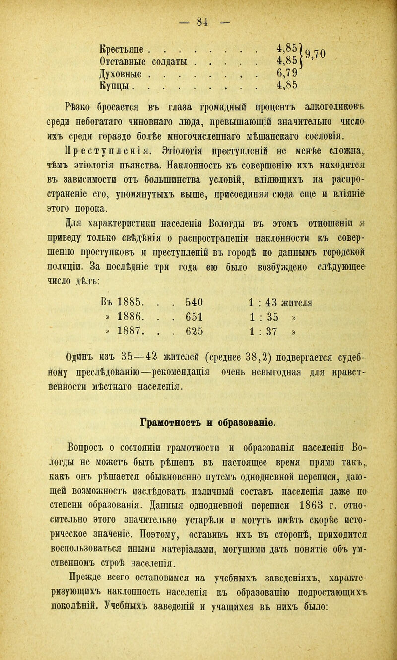 Крестьяне Отставные солдаты . . Духовные Купцы Рѣзко бросается въ глаза громадный процентъ алкоголиковъ среди небогатаго чиновнаго люда, превышающій значительно число ихъ среди гораздо болѣе многочисленнаго мѣщанскаго сословія. Преступленія. Этіологія преступленій не менѣе сложна, чѣмъ этіологія пьянства. Наклонность къ совершенію ихъ находится въ зависимости отъ большинства условій, вліяющихъ на распро- страненіе его, упомянутыхъ выше, присоединяя сюда еще и вліяніе- этого порока. Для характеристики населенія Вологды въ этомъ отношеніи я приведу только свѣдѣнія о распространеніи наклонности къ совер- шенію проступковъ и преступленій въ городѣ по даннымъ городской полиціи. За послѣдніе три года ею было возбуждено слѣдующее число дѣлъ: Въ 1885. . . 540 1 : 43 жителя » 1886. . . 651 1 : 35 » » 1887. . . 625 1 : 37 » Одинъ изъ 35—42 жителей (среднее 38,2) подвергается судеб- ному преслѣдованію—рекомендація очень невыгодная для нравст- венности мѣстнаго населенія. М5, 4,85р 6,79 4,85 70 Грамотность и образованіе. Вопросъ о состояніи грамотности и образованія населенія Во- логды не можетъ быть рѣшенъ въ настоящее время прямо такъ,, какъ онъ рѣшается обыкновенно путемъ однодневной переписи, даю- щей возможность изслѣдовать наличный составъ населенія даже по степени образованія. Данныя однодневной переписи 1863 г. отно- сительно этого значительно устарѣли и могутъ имѣть скорѣе исто- рическое значеніе. Поэтому, оставивъ ихъ въ сторонѣ, приходится воспользоваться иными матеріалами, могущими дать понятіе объ ум- ственномъ строѣ населенія. Прежде всего остановимся на учебныхъ заведеніяхъ, характе- ризующихъ наклонность населенія къ образованію подростающихъ поколѣній. Учебныхъ заведеній и учащихся въ нихъ было: