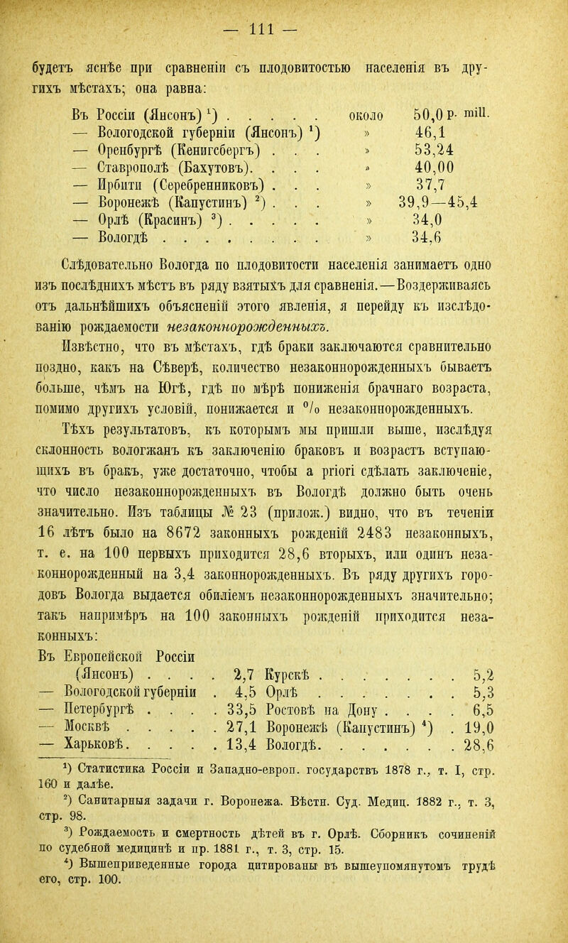 будетъ яснѣе при сравненіи съ плодовитостью населенія въ дру- гихъ мѣстахъ; она равна: Въ Россіи (Янсонъ)4) — Вологодской губерніи (Янсонъ) *) — Оренбургѣ (Кенигсбергъ) . — Ставрополѣ (Бахутовъ). . . . — Ирбити (Серебренниковъ) . . . — Воронежѣ (Капустинъ) 2) . . . — Орлѣ (Красинъ) 3) — Вологдѣ около 50,0 Р- гаі11- » 46,1 * 53,24 40.00 » 37,7 » 39,9—45,4 34.0 » 34,6 Слѣдовательно Вологда по плодовитости населенія занимаетъ одно изъ послѣднихъ мѣстъ въ ряду взятыхъ для сравненія.—Воздерживаясь отъ дальнѣйшихъ объясненій этого явленія, я перейду къ изслѣдо- ванію рождаемости незаконнорожденныхъ. Извѣстно, что въ мѣстахъ, гдѣ браки заключаются сравнительно прздно, какъ на Сѣверѣ, количество незаконнорожденныхъ бываетъ больше, чѣмъ на Югѣ, гдѣ по мѣрѣ пониженія брачнаго возраста, помимо другихъ условій, понижается и °/о незаконнорожденныхъ. Тѣхъ результатовъ, къ которымъ мы пришли выше, изслѣдуя склонность вологжанъ къ заключенію браковъ и возрастъ вступаю- щихъ въ бракъ, уже достаточно, чтобы а рі'іогі сдѣлать заключеніе, что число незаконнорожденныхъ въ Вологдѣ должно быть очень значительно. Изъ таблицы № 23 (прилож.) видно, что въ теченіи 16 лѣтъ было на 8672 законныхъ рожденій 2483 незаконныхъ, т. е. на 100 первыхъ приходится 28,6 вторыхъ, или одинъ неза- коннорожденный на 3,4 законнорожденныхъ. Въ ряду другихъ горо- довъ Вологда выдается обиліемъ незаконнорожденныхъ значительно; такъ напримѣръ на 100 законныхъ рожденій приходится неза- конныхъ: Въ Европейской Россіи (Янсонъ) .... 2,7 Курскѣ 5,2 — Вологодской губерніи . 4,5 Орлѣ 5,3 — Петербургѣ . . . .33,5 Ростовѣ на Дону .... 6,5 — Москвѣ 27,1 Воронежѣ (Капустинъ) 4) . 19,0 — Харьковѣ 13,4 Вологдѣ 28,6 О Статистика Россіи и Западно-европ. государствъ 1878 г., т. I, стр. 160 и далѣе. 2) Санитарныя задачи г. Воронежа. Вѣсти. Суд. Медиц. 1882 г., т. 3, стр. 98. 3) Рождаемость и смертность дѣтей въ г. Орлѣ. Сборникъ сочиненій по судебной медицинѣ и пр. 1881 г., т. 3, стр. 15. *) Вышеприведенные города цитированы въ вышеупомянутомъ трудѣ его, стр. ІОО.