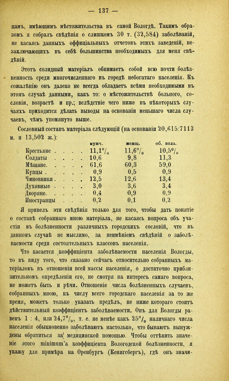 цамъ, имѣющимъ мѣстожительства въ самой Вологдѣ. Такимъ обра- зомъ я собралъ свѣдѣнія о слишкомъ 30 т. (32,584) заболѣваній, не касаясь данныхъ оффиціальныхъ отчетовъ этихъ заведеній, не- заключающихъ въ себѣ большинства необходимыхъ для меня свѣ- дѣній. Этотъ солидный матеріалъ обнимаетъ собой всю почти болѣз- ненность среди многочисленнаго въ городѣ небогатаго населенія. Къ сожалѣнію онъ далеко не всегда обладаетъ всѣми необходимыми въ этомъ случаѣ данными, какъ то: о мѣстожительствѣ больного, со- словіи, возрастѣ и пр.; вслѣдствіе чего ниже въ нѣкоторыхъ слу- чаяхъ приходится дѣлать выводы на основаніи меньшаго числа слу- чаевъ, чѣмъ упомянуто выше. Сословный составъ матеріала слѣдующій (на основаніи 20,С 15:7113 м. и 13,502 ж.): мужч. женщ. об. пола. Крестьяне . . • . П,1°/о и,б7о 10,5% Солдаты . . . . 10,6 9,8 11,3 Мѣщане. . . . . 61,6 60,3 59,0 Купцы . . . , • 0,9 0,5 0,9 Чиновники. . . 12,5 12,6 13,4 Духовные . . . . 3,0 3,6 3,4 Дворяне. . . . . 0,4 0,9 0.9 Иностранцы . . 0,2 0,1 0,2 Я привелъ эти свѣдѣнія только для того, чтобы дать понятіе о составѣ собраннаго мною матеріала, не касаясь вопроса объ уча- стіи въ болѣзненности различныхъ городскихъ сословій, что въ данномъ случаѣ не мыслимо, за неимѣніемъ свѣдѣній о заболѣ- ваемости среди состоятельныхъ классовъ населенія. Что касается коэффиціента заболѣваемости населенія Вологды, то въ виду того, что сказано сейчасъ относительно собранныхъ ма- теріаловъ въ отношеніи всей массы населенія, о достаточно прибли- зительномъ опредѣленіи его, не смотря на интересъ самаго вопроса, не можетъ быть и рѣчи. Отношеніе числа болѣзненныхъ случаевъ, собранныхъ мною, къ числу всего городскаго населенія за то же время, можетъ только указать предѣлъ, не ниже котораго стоитъ дѣйствительный коэффиціентъ заболѣваемости. Онъ для Вологды ра- венъ 1 : 4, или 24,7°/0, т. е. не менѣе какъ 25°/0 наличнаго числа населенія обыкновенно заболѣваютъ настолько, что бываютъ вынуж- дены обратиться за; медицинской помощью. Чтобы оттѣнить значе- ніе этого тшшшш’а коэффиціента Вологодской болѣзненности, я укажу для примѣра на Оренбургъ (Кенигсбергъ), гдѣ онъ значи-