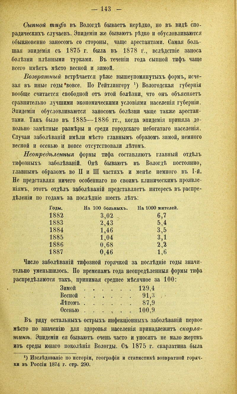 Сыпной тифъ въ Вологдѣ бываетъ нерѣдко, но въ видѣ спо- радическихъ случаевъ. Эпидеміи же бываютъ рѣдко и обусловливаются обыкновенно заносомъ со стороны, чаще арестантами. Самая боль- шая эпидемія съ 1875 г. была въ 1878 г., вслѣдствіе заноса болѣзни плѣнными турками. Въ теченіи года сыпной тифъ чаще всего имѣетъ мѣсто весной и зимой. Возвратный встрѣчается рѣже вышеупомянутыхъ формъ, исче- зая въ иные годы’вовсе. По Рейтлингеру *) Вологодская губернія вообще считается свободной отъ этой болѣзни, что онъ объясняетъ сравнительно лучшими экономическими условіями населенія губерніи. Эпидеміи обусловливаются заносомъ болѣзни чаще также арестан- тами. Такъ было въ 1885—1886 гг., когда эпидемія приняла до- вольно замѣтные размѣры и среди городскаго небогатаго населенія. Случаи заболѣваній имѣли мѣсто главнымъ образомъ зимой, немного весной и осенью и вовсе отсутствовали лѣтомъ. Неопредѣленныя формы тифа составляютъ главный отдѣлъ тифозныхъ заболѣваній. Онѣ бываютъ въ Вологдѣ постоянно, главнымъ образомъ во II и ПІ частяхъ и менѣе немного въ І-й. Не представляя ничего особеннаго по своимъ клиническимъ проявле- ніямъ, этотъ отдѣлъ заболѣваній представляетъ интересъ въ распре- дѣленіи по годамъ за послѣдніе шесть лѣтъ: Годы. На 100 больныхъ. На 1000 житі 1882 3,02 6,7 1883 2,43 5,4 1884 1,46 3,5 1885 1,04 3,1 1886 0,68 2,2 1887 0,46 1,6 Число заболѣваній тифозной горячкой за послѣдніе годы значи- тельно уменьшилось. По временамъ года неопредѣленныя формы тифа распредѣляются такъ, принимая среднее мѣсячное за 100: Зимой 129,4 Весной 91,3 Лѣтомъ 87,9 Осенью ...... 100,9 Въ ряду остальныхъ острыхъ инфекціонныхъ заболѣваній первое мѣсто по значенію для здоровья населенія принадлежитъ скарла- тинѣ. Эпидеміи ея бываютъ очень часто и уносятъ не мало жертвъ изъ среды юнаго поколѣнія Вологды. Съ 1875 г. скарлатина была *) Изслѣдованіе по исторіи, географіи и статистикѣ возвратной горяч- ки въ Россіи 1874 г. стр. 290.