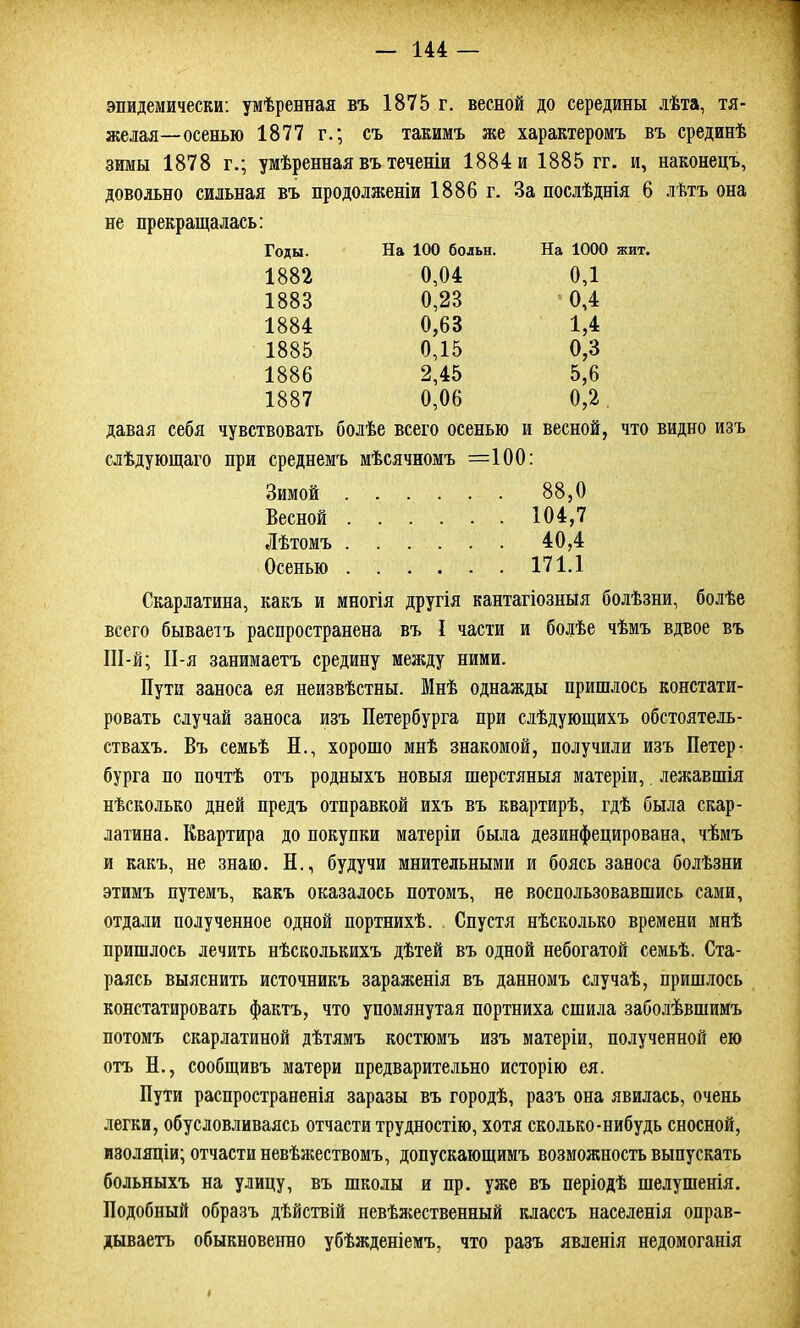 эпидемически: умѣренная въ 1875 г. весной до середины лѣта, тя- желая—осенью 1877 г.; съ такимъ же характеромъ въ срединѣ зимы 1878 г.; умѣренная въ теченіи 1884 и 1885 гг. и, наконецъ, довольно сильная въ продолженіи 1886 г. За послѣднія 6 лѣтъ она не прекращалась: Годы. На 100 больн. На 1000 жит. 1882 0,04 ОД 1883 0,23 ОД 1884 0,63 М 1885 0,15 0,3 1886 2,45 5,6 1887 0,06 0,2 давая себя чувствовать болѣе всего осенью и весной, что видно изъ слѣдующаго при среднемъ мѣсячномъ =100 Зимой . 88,0 Весной . 104,7 Лѣтомъ . 40,4 Осенью . . . • . • 171.1 Скарлатина, какъ и многія другія кантагіозныя болѣзни, болѣе всего бываетъ распространена въ I части и болѣе чѣмъ вдвое въ Ш-й; ІІ-я занимаетъ средину между ними. Пути заноса ея неизвѣстны. Мнѣ однажды пришлось констати- ровать случай заноса изъ Петербурга при слѣдующихъ обстоятель- ствахъ. Въ семьѣ Н., хорошо мнѣ знакомой, получили изъ Петер- бурга по почтѣ отъ родныхъ новыя шерстяныя матеріи, лежавшія нѣсколько дней предъ отправкой ихъ въ квартирѣ, гдѣ была скар- латина. Квартира до покупки матеріи была дезинфецирована, чѣмъ и какъ, не знаю. Н., будучи мнительными и боясь заноса болѣзни этимъ путемъ, какъ оказалось потомъ, не воспользовавшись сами, отдали полученное одной портнихѣ. Спустя нѣсколько времени мнѣ пришлось лечить нѣсколькихъ дѣтей въ одной небогатой семьѣ. Ста- раясь выяснить источникъ зараженія въ данномъ случаѣ, пришлось констатировать фактъ, что упомянутая портниха сшила заболѣвшимъ потомъ скарлатиной дѣтямъ костюмъ изъ матеріи, полученной ею отъ Н., сообщивъ матери предварительно исторію ея. Пути распространенія заразы въ городѣ, разъ она явилась, очень легки, обусловливаясь отчасти трудностію, хотя сколько-нибудь сносной, изоляціи; отчасти невѣжествомъ, допускающимъ возможность выпускать больныхъ на улицу, въ школы и пр. уже въ періодѣ шелушенія. Подобный образъ дѣйствій невѣжественный классъ населенія оправ- дываетъ обыкновенно убѣжденіемъ, что разъ явленія недомоганія