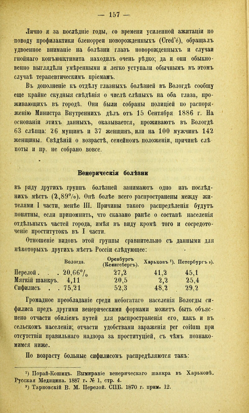 Лично я за послѣдніе годы, со времени усиленной ажитаціи по поводу профилактики бленорреи новорожденныхъ (СгесГё), обращалъ удвоенное вниманіе на болѣзни глазъ новорожденныхъ и случаи гнойнаго конъюнктивита находилъ очень рѣдко; да и они обыкно- венно выглядѣли умѣренными и легко уступали обычнымъ въ этомъ случаѣ терапевтическимъ пріемамъ. Въ дополненіе къ отдѣлу глазныхъ болѣзней въ Вологдѣ сообщу еще крайне скудныя свѣдѣнія о числѣ слѣпыхъ на оба глаза, про- живающихъ въ городѣ. Они были собраны полиціей по распоря- женію Министра Внутреннихъ дѣлъ отъ 15 Сентября 1886 г. На основаніи этихъ данныхъ, оказывается, проживаютъ въ Вологдѣ 63 слѣпца: 26 мущинъ и 37 женщинъ, или на 100 мужчинъ 142 женщины. Свѣдѣній о возрастѣ, семейномъ положеніи, причинѣ слѣ поты и пр. не собрано вовсе. въ ряду другихъ группъ болѣзней занимаютъ одно изъ послѣд- нихъ мѣстъ (2,89%). Онѣ болѣе всего распространены между жи- телями I части, менѣе III. Причины такого распредѣленія будутъ понятны, если припомнить, что сказано ранѣе о составѣ населенія отдѣльныхъ частей города, имѣя въ виду кромѣ того и сосредото- ченіе проститутокъ въ I части. Отношеніе видовъ этой группы сравнительно съ данными для нѣкоторыхъ другихъ мѣстъ Россіи слѣдующее: Громадное преобладаніе среди небогатаго населенія Вологды си- филиса предъ другими венерическими формами можетъ быть объяс- нено отчасти обиліемъ путей для распространенія его, какъ и въ сельскомъ населеніи; отчасти удобствами зараженія рег соііит при отсутствіи правильнаго надзора за проституціей, съ чѣмъ познако- мимся ниже. По возрасту больные сифилисомъ распредѣляются такъ: г) Порай-Кошицъ. Вымираніе венерическаго шанкра въ Харьковѣ. Русская Медицина. 1887 г. № 1, стр. 4. *) Тарновскій В. М. Перелой. СПБ. 1870 г. прим. 12. Венерическія болѣвни Перелой. . .20,66% Мягкій шанкръ. 4,11 Сифилисъ . . 75,21 Вологда. Харьковъ * *). Петербургъ а). 41.2 45,1 2,2 25,4 48.2 29,2