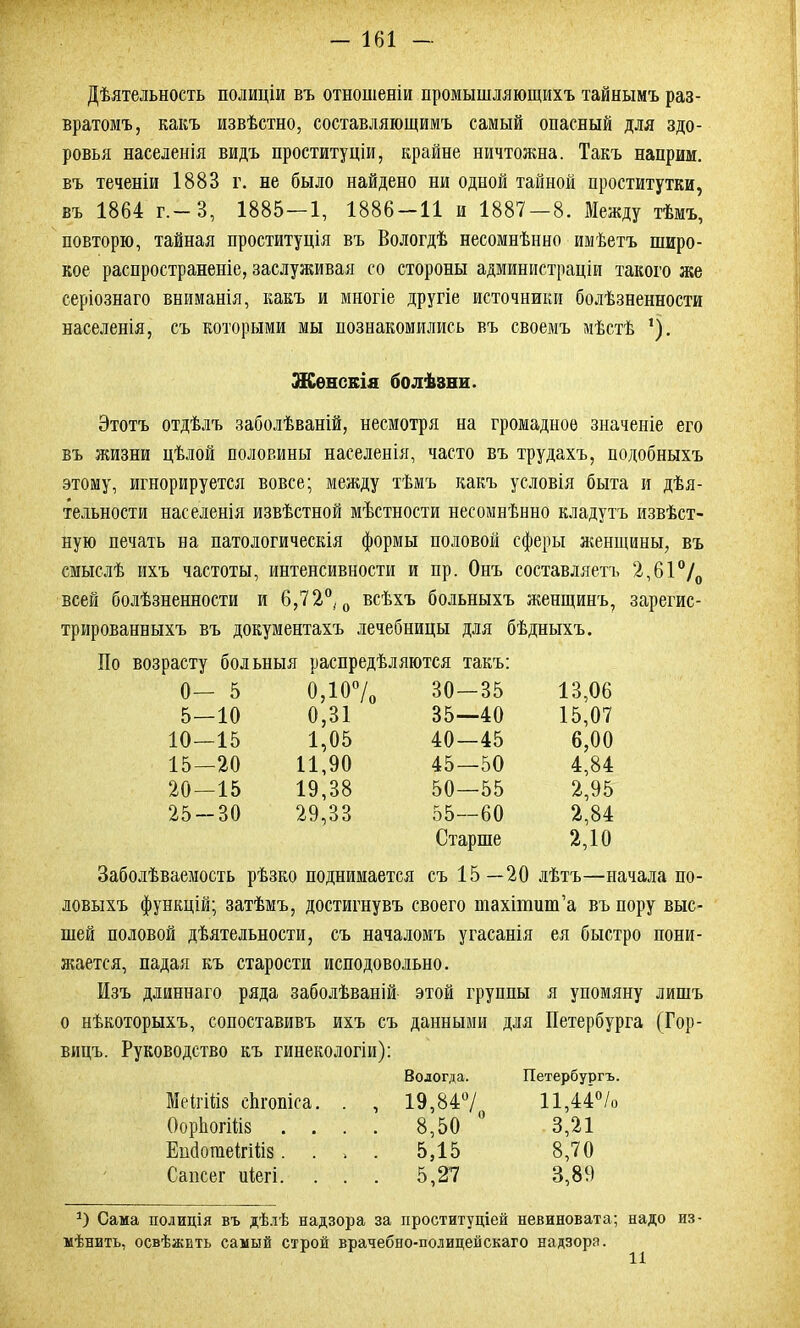 Дѣятельность полиціи въ отношеніи промышляющихъ тайнымъ раз- вратомъ, какъ извѣстно, составляющимъ самый опасный для здо- ровья населенія видъ проституціи, крайне ничтожна. Такъ наприм. въ теченіи 188В г. не было найдено ни одной тайной проститутки, въ 1864 г.-З, 1885-1, 1886-11 и 1887-8. Между тѣмъ, повторю, тайная проституція въ Вологдѣ несомнѣнно имѣетъ широ- кое распространеніе, заслуживая со стороны администраціи такого же серіознаго вниманія, какъ и многіе другіе источники болѣзненности населенія, съ которыми мы познакомились въ своемъ мѣстѣ ,). Женскія болѣзни. Этотъ отдѣлъ заболѣваній, несмотря на громадное значеніе его въ жизни цѣлой половины населенія, часто въ трудахъ, подобныхъ этому, игнорируется вовсе; между тѣмъ какъ условія быта и дѣя- тельности населенія извѣстной мѣстности несомнѣнно кладутъ извѣст- ную печать на патологическія формы половой сферы женщины, въ смыслѣ ихъ частоты, интенсивности и пр. Онъ составляетъ 2,61 °/0 всей болѣзненности и 6,72°, 0 всѣхъ больныхъ женщинъ, зарегис- трированныхъ въ документахъ лечебницы для бѣдныхъ. По возрасту больныя распредѣляются такъ: 0_ 5 0,10% 30-35 13,06 5—10 0,31 35—40 15,07 10—15 1,05 40—45 6,00 15—20 11,90 45—50 4,84 20—15 19,38 50—55 2,95 25-30 29,33 55—60 2,84 Старше 2,10 Заболѣваемость рѣзко поднимается съ 15—20 лѣтъ—начала по- ловыхъ функцій; затѣмъ, достигнувъ своего тахітиш’а въ пору выс- шей половой дѣятельности, съ началомъ угасанія ея быстро пони- жается, падая къ старости исподовольно. Изъ длиннаго ряда заболѣваній этой группы я упомяну лишъ о нѣкоторыхъ, сопоставивъ ихъ съ данными для Петербурга вицъ. Руководство къ гинекологіи): Вологда. Петербургъ. Меігійз сѣгопіса. . , 19,84% 11,44°/о ОорЬогійз .... 8,50 3,21 ЕпсІотеітШз.... 5,15 8,70 Сапсег иіегі. . . . 5,27 3,89 *) Сама полиція въ дѣлѣ надзора за проституціей невиновата; надо из- мѣнить, освѣжить самый строй врачебно-полицейскаго надзора.