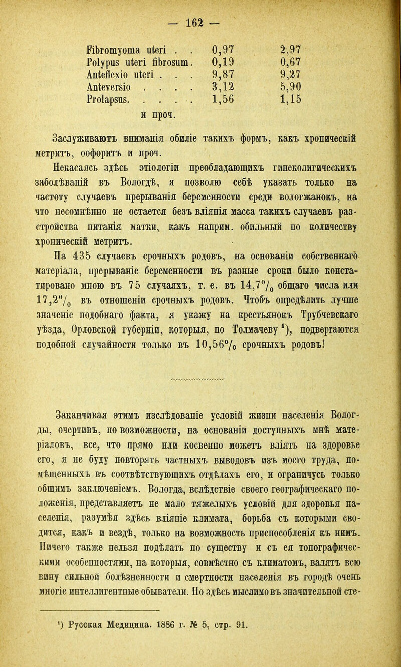 ВіЬгошуоша иіегі . . 0,97 2,97 Роіуриз иіегі йЬгозшп. 0,19 0,67 АпіеЯехіо иіегі . . . 9,87 9,27 Апіеѵегзіо .... 3,12 5,90 Ргоіарзиз 1,56 1,15 и проч. Заслуживаютъ вниманія обиліе такихъ формъ, какъ хроническій метритъ, оофоритъ и проч. Некасаясь здѣсь этіологіи преобладающихъ гинеколигическихъ заболѣваній въ Вологдѣ, я позволю себѣ указать только на частоту случаевъ прерыванія беременности среди вологжанокъ, на что несомнѣнно не остается безъ вліянія масса такихъ случаевъ раз- стройства питанія матки, какъ наприм. обильный по количеству хроническій метритъ. На 435 случаевъ срочныхъ родовъ, на основаніи собственнаго матеріала, прерываніе беременности въ разные сроки было конста- тировано мною въ 75 случаяхъ, т. е. въ 14,7°/0 общаго числа или 17,2°/0 въ отношеніи срочныхъ родовъ. Чтобъ опредѣлить лучше значеніе подобнаго факта, я укажу на крестьянокъ Трубчевскаго уѣзда, Орловской губерніи, которыя, по Толмачеву ‘), подвергаются подобной случайности только въ 10,56% срочныхъ родовъ! Заканчивая этимъ изслѣдованіе условій жизни населенія Волог- ды, очертивъ, по возможности, на основаніи доступныхъ мнѣ мате- ріаловъ, все, что прямо нли косвенно можетъ вліять на здоровье его, я не буду повторять частныхъ выводовъ изъ моего труда, по- мѣщенныхъ въ соотвѣтствующихъ отдѣлахъ его, и ограничусь только общимъ заключеніемъ. Вологда, вслѣдствіе своего географическаго по- ложенія, представляетъ не мало тяжелыхъ условій для здоровья на- селенія, разумѣя здѣсь вліяніе климата, борьба съ которыми сво- дится, какъ и вездѣ, только на возможность приспособленія къ нимъ. Ничего также нельзя подѣлать по существу и съ ея топографичес- кими особенностями, на которыя, совмѣстно съ климатомъ, валятъ всю вину сильной болѣзненности и смертности населенія въ городѣ очень многіе интеллигентные обыватели. Но здѣсь мыслимо въ значительной сте- *) Русская Медицина. 1886 г. № 5, стр. 91.