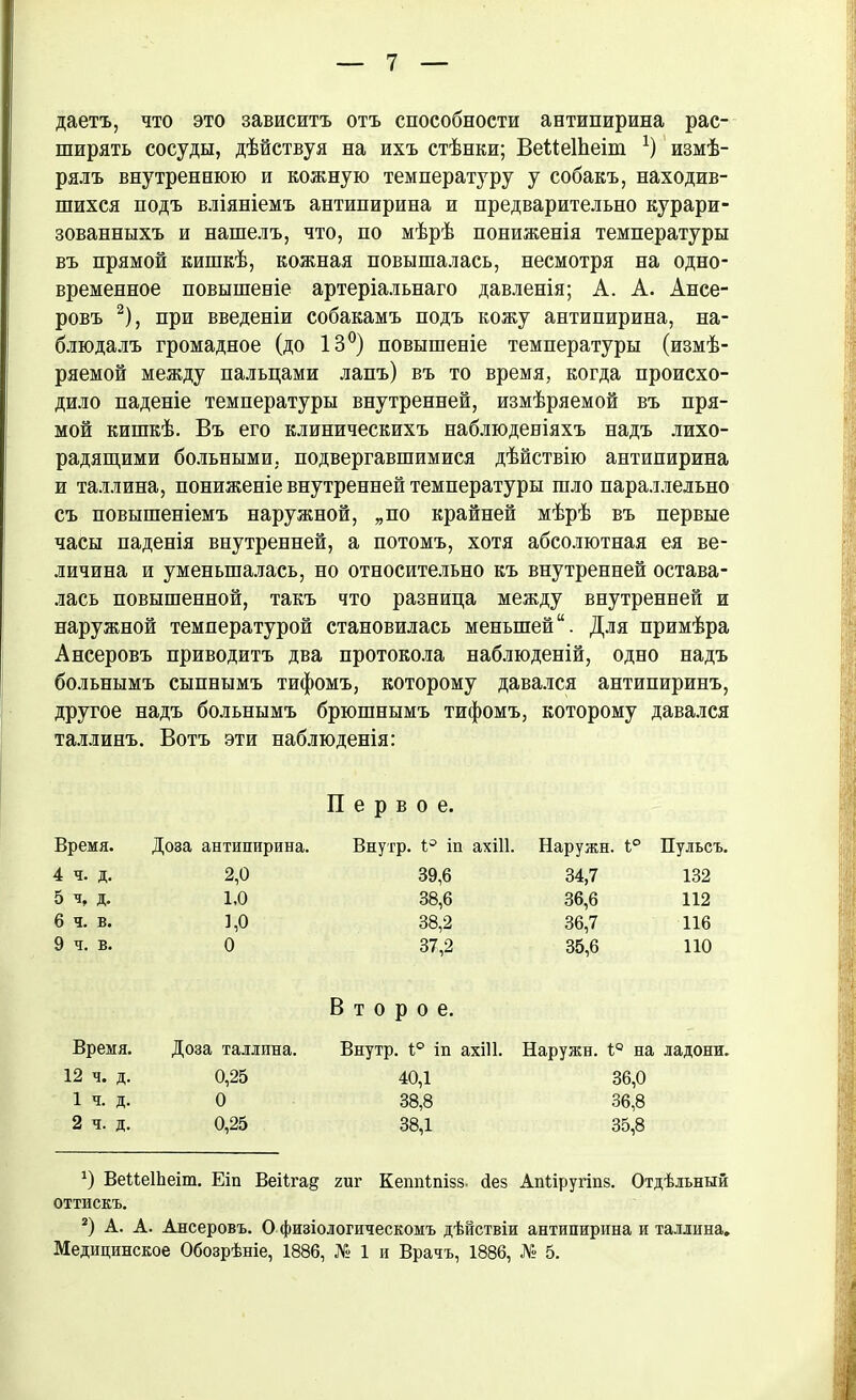 даетъ, что это зависитъ отъ способности антипирина рас- ширять сосуды, дѣйствуя на ихъ стѣнки; ВеМеШеіт *) измѣ- рялъ внутреннюю и кожную температуру у собакъ, находив- шихся подъ вліяніемъ антипирина и предварительно курари- зованныхъ и нашелъ, что, по мѣрѣ пониженія температуры въ прямой кишкѣ, кожная повышалась, несмотря на одно- временное повышеніе артеріальнаго давленія; А. А. Ансе- ровъ 2), при введеніи собакамъ подъ кожу антипирина, на- блюдалъ громадное (до 13°) повышеніе температуры (измѣ- ряемой между пальцами лапъ) въ то время, когда происхо- дило паденіе температуры внутренней, измѣряемой въ пря- мой кишкѣ. Въ его клиническихъ наблюденіяхъ надъ лихо- радящими больными, подвергавшимися дѣйствію антипирина и Таллина, пониженіе внутренней температуры гало параллельно съ повышеніемъ наружной, „по крайней мѣрѣ въ первые часы паденія внутренней, а потомъ, хотя абсолютная ея ве- личина и уменьшалась, но относительно къ внутренней остава- лась повышенной, такъ что разница между внутренней и наружной температурой становилась меньшей Для примѣра Ансеровъ приводитъ два протокола наблюденій, одно надъ больнымъ сыпнымъ тифомъ, которому давался антипиринъ, другое надъ больнымъ брюшнымъ тифомъ, которому давался Таллинъ. Вотъ эти наблюденія: Время. Доза антипирина. Первое. Внутр. М іи ахііі. Наружи. 1° Пульсъ. 4 ч. д. 2,0 39,6 34,7 132 5 ч, д. 1,0 38,6 36,6 112 6 ч. в. 1,0 38,2 36,7 116 9 ч. в. 0 37,2 35,6 110 Время. Доза Таллина. Второе. Внутр. 1° іп ахШ. Наружи. 1° на ладони. 12 ч. д. 0,25 40,1 36,0 1 ч. д. 0 38,8 36,8 2 ч. д. 0,25 38,1 35,8 *) ВеМеШеіт. Еіп ВеіМа§ гиг Кенпіпізз. <Іез АпМругтз. Отдѣльный оттискъ. 2) А. А. Ансеровъ. О физіологическомъ дѣйствіи антипирина и Таллина. Медицинское Обозрѣніе, 1886, № 1 и Врачъ, 1886, № 5.