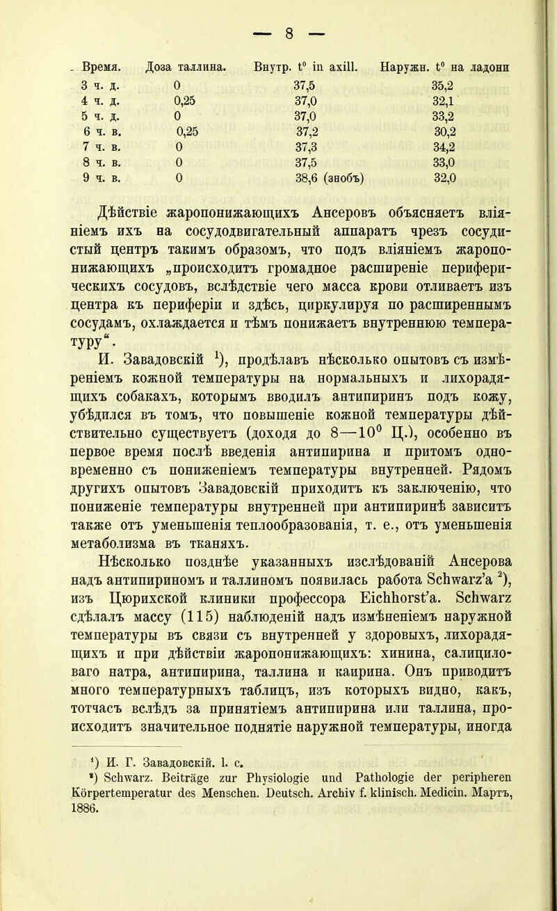 . Время. Доза Таллина. Внутр. 1° іи ахШ. Наружи. 1° на ладони 3 ч. д. 0 37,5 35,2 4 ч. д. 0,25 37,0 32,1 5 ч. д. 0 37,0 33,2 6 ч. в. 0,25 37,2 30,2 7 ч. в. 0 37,3 34,2 8 ч. в. 0 37,5 33,0 9 ч. в. 0 38,6 (заобъ) 32,0 Дѣйствіе жаропонижающихъ Ансеровъ объясняетъ влія- ніемъ ихъ на сосудодвигательный аппаратъ чрезъ сосуди- стый центръ такимъ образомъ, что подъ вліяніемъ жаропо- нижающихъ „происходитъ громадное расширеніе перифери- ческихъ сосудовъ, вслѣдствіе чего масса крови отливаетъ изъ центра къ периферіи и здѣсь, циркулируя по расширеннымъ сосудамъ, охлаждается и тѣмъ понижаетъ внутреннюю темпера- туру. И. Завадовскій 1), продѣлавъ нѣсколько опытовъ съ измѣ- реніемъ кожной температуры на нормальныхъ и лихорадя- щихъ собакахъ, которымъ вводилъ антипиринъ подъ кожу, убѣдился въ томъ, что повышеніе кожной температуры дѣй- ствительно существуетъ (доходя до 8—10° Ц.), особенно въ первое время послѣ введенія антипирина и притомъ одно- временно съ пониженіемъ температуры внутренней. Рядомъ другихъ опытовъ Завадовскій приходитъ къ заключенію, что пониженіе температуры внутренней при антипиринѣ зависитъ также отъ уменьшенія теплообразованія, т. е., отъ уменьшенія метаболизма въ тканяхъ. Нѣсколько позднѣе указанныхъ изслѣдованій Ансерова надъ антипириномъ и Таллиномъ появилась работа Зсітагг’а 2), изъ Цюрихской клиники профессора ЕісЫіогзІ’а. Зсішагя сдѣлалъ массу (115) наблюденій надъ измѣненіемъ наружной температуры въ связи съ внутренней у здоровыхъ, лихорадя- щихъ и при дѣйствіи жаропонижающихъ: хинина, салицило- ваго натра, антипирина, Таллина и каирина. Онъ приводитъ много температурныхъ таблицъ, изъ которыхъ видно, какъ, тотчасъ вслѣдъ за принятіемъ антипирина или Таллина, про- исходитъ значительное поднятіе наружной температуры, иногда *) И. Г. Завадовскій. 1. с. *) Зсішагг. Веііга^е гиг РЬузіоІоще иші РаіЬоІодіе йег регірЬегеп Кбгрегіегарегаіиг йез МепзсЬеп. БеиізсЬ. АгеЬіѵ і. кііпізсіі. Мейісіп. Мартъ, 1886.