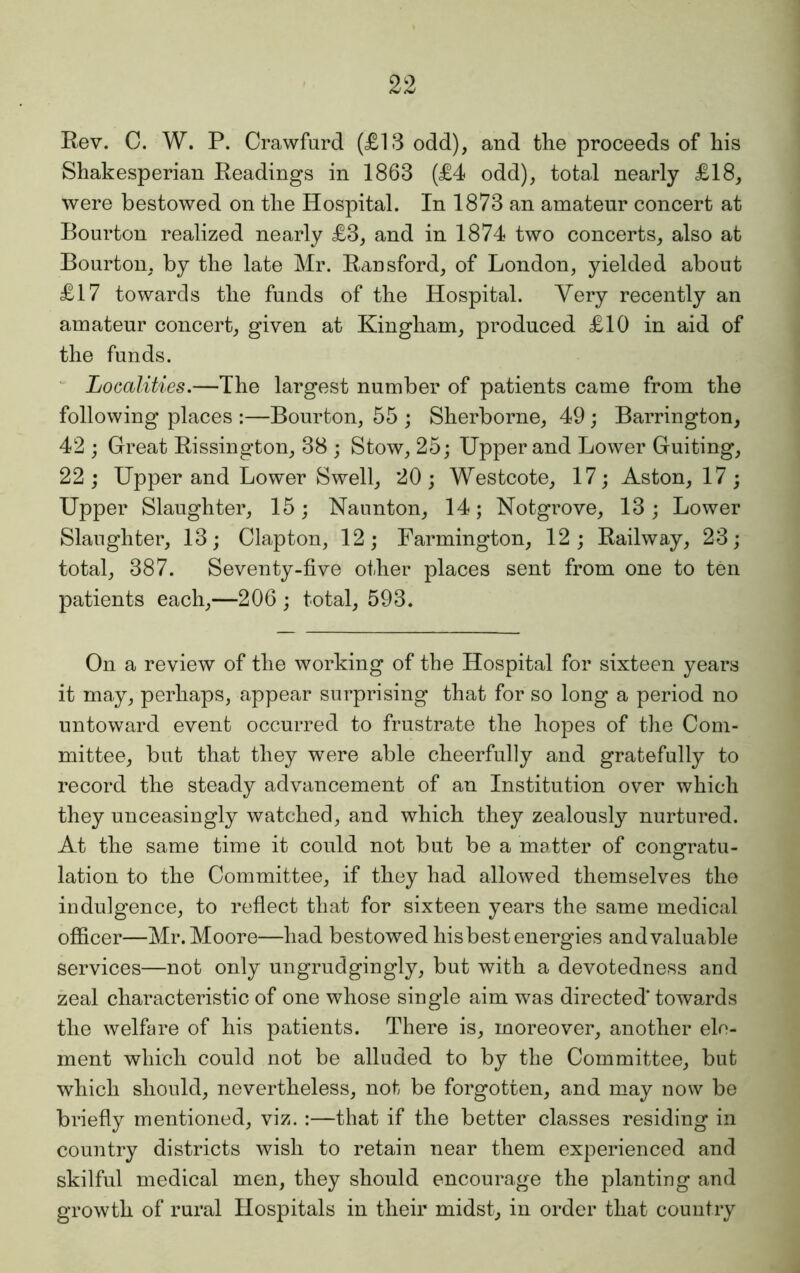 Rev. C. W. P. Crawfurd (£13 odd), and the proceeds of his Shakesperian Readings in 1863 (£4 odd), total nearly £18, were bestowed on the Hospital. In 1873 an amateur concert at Bourton realized nearly £3, and in 1874 two concerts, also at Bourton, by the late Mr. Ransford, of London, yielded about £17 towards the funds of the Hospital. Very recently an amateur concert, given at Kingham, produced £10 in aid of the funds. Localities.—The largest number of patients came from the following places :—Bourton, 55 ; Sherborne, 49; Barrington, 42 ; Great Rissington, 38 ; Stow, 25; Upper and Lower Guiting, 22; Upper and Lower Swell, 20; Westcote, 17; Aston, 17; Upper Slaughter, 15; Naunton, 14; Notgrove, 13; Lower Slaughter, 13; Clapton, 12; Farmington, 12; Railway, 23; total, 387. Seventy-five other places sent from one to ten patients each,—206 ; total, 593. On a review of the working of the Hospital for sixteen years it may, perhaps, appear surprising that for so long a period no untoward event occurred to frustrate the hopes of the Com- mittee, but that they were able cheerfully and gratefully to record the steady advancement of an Institution over which they unceasingly watched, and which they zealously nurtured. At the same time it could not but be a matter of congratu- lation to the Committee, if they had allowed themselves the indulgence, to reflect that for sixteen years the same medical officer—Mr. Moore—had bestowed his best energies and valuable services—not only ungrudgingly, but with a devotedness and zeal characteristic of one whose single aim was directed' towards the welfare of his patients. There is, moreover, another ele- ment which could not be alluded to by the Committee, but which should, nevertheless, not be forgotten, and may now be briefly mentioned, viz. :—that if the better classes residing in country districts wish to retain near them experienced and skilful medical men, they should encourage the planting and growth of rural Hospitals in their midst, in order that country