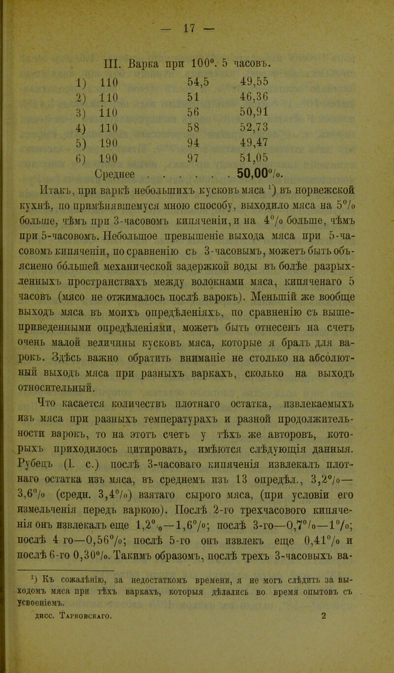 III. Варка при 100°. 5 часовъ. 1) 110 54,5 49,55 V 110 51 46,36 В) І10 5Н 50,91 4) по 58 52,73 5) 190 94 49,47 6) 190 97 51,05 Среднее . 50,00%. Итакъ, при варкѣ небольшихъ кусковъыяса въ норвежской кухнѣ, по пршіѣнявшеыусл мною способу, выходило мяса на 5^/0 больше, чѣмъ при 3-часовомъ киііяченіи,и на 4/о больше, чѣмъ при 5-часовоыъ. Небольшое превышеніе выхода мяса при 5-ча- совомъкппяченіи, посравненію съ 3-часовыыъ, можетъ быть объ- яснено большей механической задержкой воды въ болѣе разрых- ленныхъ пространствахъ между волокнами мяса, ісипяченаго 5 часовъ (мясо не отжималось послѣ варокъ). Меньшій же вообще выходъ мяса въ моихъ опредѣленіяхъ, по сравненію съ выше- приведенными опредѣленіями, можетъ быть отнесенъ на счетъ очень малой величины кусковъ мяса, которые я бралъ для ва- рок ь. Здѣсь важно обратить вниманіе не столько на абсолют- ный выходъ мяса при разныхъ варкахъ, сколько на выходъ относительный. Что касается количествь плотнаго остатка, пзвлекаемыхъ изь мяса при разныхъ температурахъ и разной продолжитель- ности ваі)окъ, то на этоть счетъ у і^ѣхъ же авторовъ, кото- рыхъ приходилось цитировать, имѣются слѣдующія данныя. Рубецъ (1. с.) послѣ З-часоваго кипяченія извлекалъ плот- наго остатка изъ мяса, въ среднемъ изъ 13 опредѣл., 3,2''/о— 3,6/о (средн. 3,4*'/о) взятаго сырого мяса, (при условіи его измельченія передъ варкою). ІІослѣ 2-го трехчасового кипяче- нія онъ извлекалъ еще 1,2''.о—1,67о; послѣ 3-го—0,7''/о—17о; послѣ 4 го—0,56*'/о; послѣ 5-го онъ извлекь еще 0,417о и послѣ 6-го 0,30/о. Такимъ образомъ, послѣ трехъ 3-часовыхъ ва- Къ сожалѣнію, за недостаткомъ времени, я не могъ слѣдить за вы- ходомъ мяса при тѣхъ варкахъ, которыя дѣлались во время опытовъ съ усвоеніемъ. двсс. Тарковскаго. 2