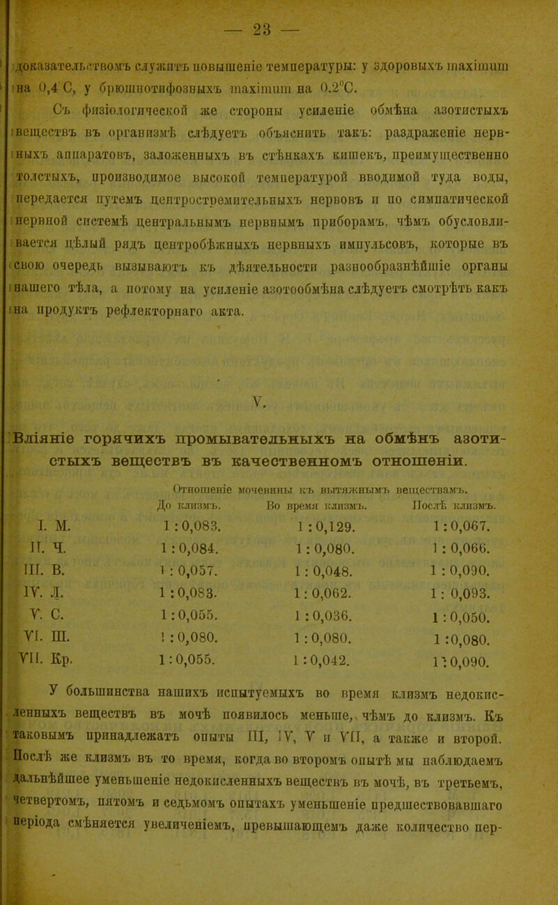 2В — доказательствомъ служитъ иовышеніе температуры: у здоровыхъ шахішиш на 0,4'С, у брюшнотифозныхъ тахітит на 0.2°С. Съ физіологической же стороны усиленіе обмѣна азотистыхъ веществъ въ организмѣ слѣдуетъ объяснить такъ: раздраженіе нерв- ныхъ аппаратовъ, заложенныхъ въ стѣнкахъ кишекъ, преимущественно толстыхъ, производимое высокой температурой вводимой туда воды, передается путемъ центростремительныхъ нервовъ и по симпатической нервной системѣ центральнымъ нервнымъ приборамъ, чѣмъ обусловли- вается цѣлый рядъ центробѣжныхъ нервныхъ импульсовъ, которые въ свою очередь вызываютъ къ дѣятельности разнообразнѣйшіе органы нашего тѣла, а потому на усиленіе азотообмѣна слѣдуетъ смотрѣть какъ на продуктъ рефлекторнаго акта. V. Вліяніе горячихъ промывательныхъ на обмѣнъ азоти- стыхъ веществъ въ качественномъ отношеніи. Отношеніе мочевины къ вытяжнымъ веществамъ. До клизмъ. Во время клизмъ. Послѣ клизмъ. I. м. 1 :0,083. 1 :0,129. 1 :0,067. II. ч. 1 :0,084. 1 : 0,080. 1 : 0,066. III. в. 1 : 0,057. 1: 0,048. 1 : 0,090. ІУ. л. 1 :0,083. 1: 0,062. 1 : 0,093. У. с. 1 :0,055. 1 :0,036. 1 :0,050. УІ. ш. ! : 0,080. 1 :0,080. 1 :0,080. УІІ. Кр. 1:0,055. 1:0,042. 10,090. У большинства нашихъ испытуемыхъ во время клизмъ недокпс- ленныхъ веществъ въ мочѣ появилось меньше, чѣмъ до клизмъ. Къ таковымъ принадлежатъ опыты III, ІУ, У и УІІ, а также и второй. Послѣ же клизмъ въ то время, когда во второмъ опытѣ мы наблюдаемъ дальнѣйшее уменьшеніе недокисленныхъ веществъ въ мочѣ, въ третьемъ, четвертомъ, пятомъ и седьмомъ опытахъ уменьшеніе предшествовавшаго періода смѣняется увеличеніемъ, превышающемъ даже количество пер-