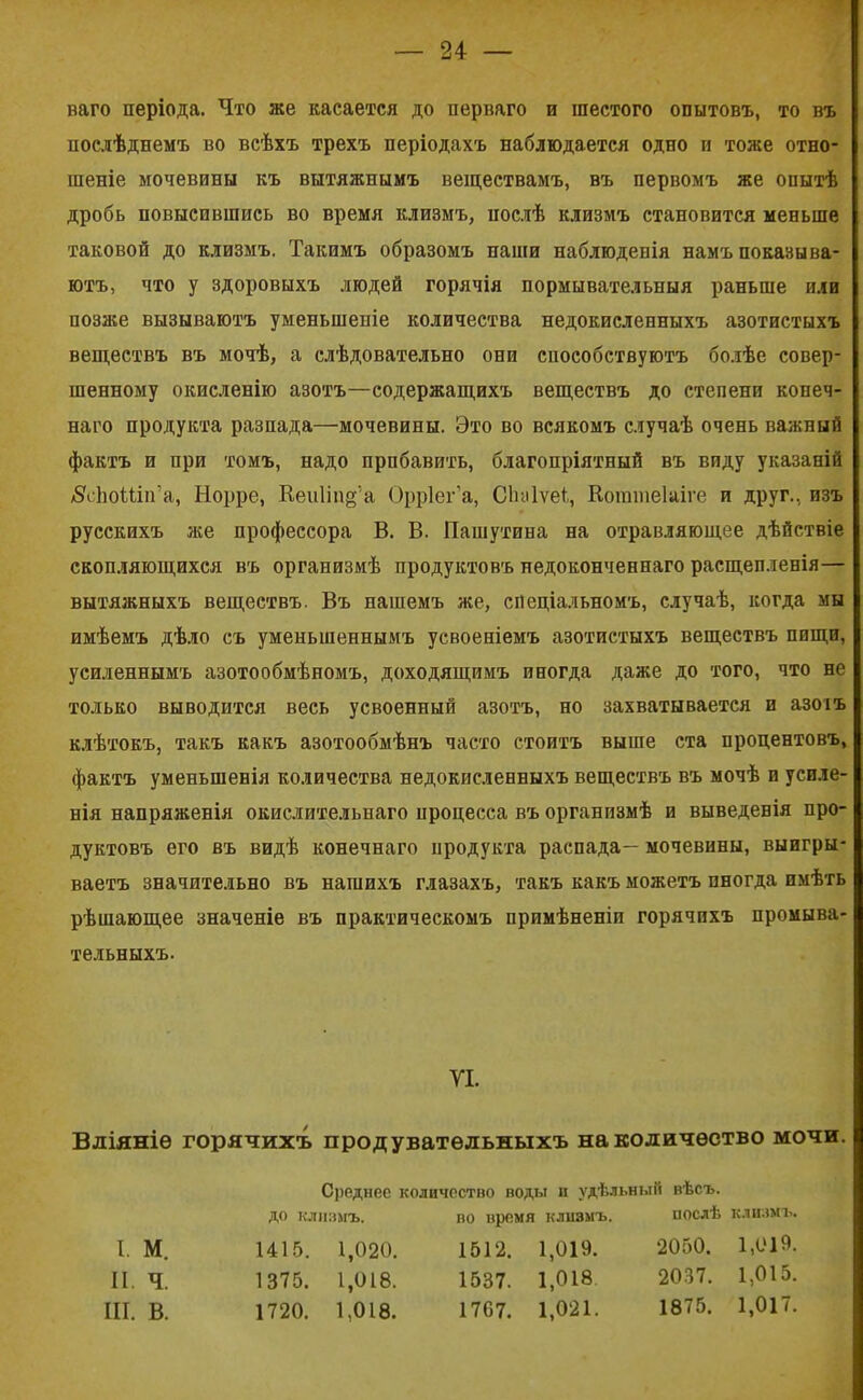 ваго періода. Что же касается до перваго и шестого опытовъ, то въ послѣднемъ во всѣхъ трехъ періодахъ наблюдается одно п тоже отно- шеніе мочевины къ вытяжнымъ веществамъ, въ первомъ же опытѣ дробь повысившись во время клизмъ, послѣ клизмъ становится меньше таковой до клизмъ. Такимъ образомъ наши наблюденія намъ показыва- ютъ, что у здоровыхъ людей горячія пормывательныя раньше или позже вызываютъ уменьшеніе количества недокисленныхъ азотистыхъ веществъ въ мочѣ, а слѣдовательно они способствуютъ болѣе совер- шенному окисленію азотъ—содержащихъ веществъ до степени конеч- наго продукта разпада—мочевины. Это во всякомъ случаѣ очень важный фактъ и при томъ, надо прибавить, благопріятный въ виду указаній /в'сѢоШп’а, Норре, Кеиіііщ'а Орріег’а, Сішіѵеі, Когагаеіаіге и друг., изъ русскихъ лее профессора В. В. Пашутина на отравляющее дѣйствіе скопляющихся въ организмѣ продуктовъ недоконченнаго расщепленія— вытяжныхъ веществъ. Въ нашемъ же, спеціальномъ, случаѣ, когда мы имѣемъ дѣло съ уменьшеннымъ усвоеніемъ азотистыхъ веществъ пищи, усиленнымъ азотообмѣномъ, доходящимъ иногда даже до того, что не только выводится весь усвоенный азотъ, но захватывается и азоіъ клѣтокъ, такъ какъ азотообмѣнъ часто стоитъ выше ста процентовъ, фактъ уменьшенія количества недокисленныхъ веществъ въ мочѣ и усиле- нія напряженія окислительнаго процесса въ организмѣ и выведенія про- дуктовъ его въ видѣ конечнаго продукта распада— мочевины, выигры- ваетъ значительно въ нашихъ глазахъ, такъ какъ можетъ иногда имѣть рѣшающее значеніе въ практическомъ примѣненіи горячихъ промыва- тельныхъ. УІ. Вліяніе горячихъ продувательныхъ на количество мочи. Сроднее количество поды и удѣльный вѣсъ. до клизмъ. во время клизмъ. послѣ КЛИЗМЪ. 1. м. 1415. 1,020. 1512. 1,019. 2050. 1,019. II. ч. 1375. 1,018. 1537. 1,018 2037. 1,015. III. в. 1720. 1,018. 1707. 1,021. 1875. 1,017.