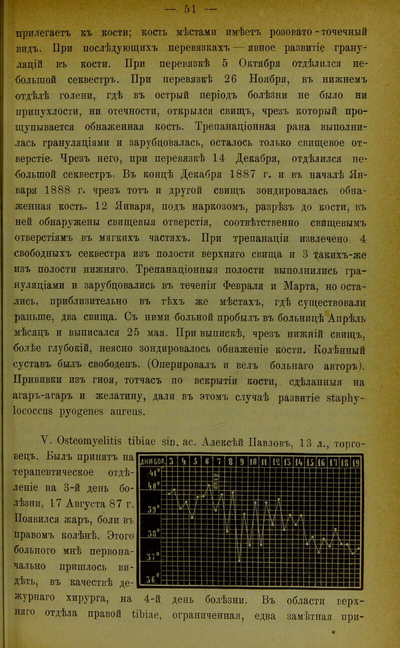 прилегаетъ къ кости; кость мѣстами имѣетъ розовато - точечный видъ. При послѣдующихъ перевязкахъ — явное развитіе грану- лацій въ кости. При перевязкѣ 5 Октября отдѣлился не- большой секвестръ. При перевязкѣ 26 Ноября, въ нижнемъ отдѣлѣ голени, гдѣ въ острый періодъ болѣзни не было ни припухлости, ни отечности, открылся свищъ, чрезъ который про- щупывается обнаженная кость. Трепанаціонная рана выполни- лась грануляціями и зарубцевалась, осталось только свищевое от- верстіе. Чрезъ него, при перевязкѣ 14 Декабря, отдѣлился не- большой секвестръ. Въ концѣ Декабря 1887 г. и въ началѣ Ян- варя 1888 г. чрезъ тотъ и другой свищъ зондировалась обеа- женная кость. 12 Января, подъ наркозомъ, разрѣзъ до кости, въ ней обнарз^жены свищевыя отверстія, соотвѣтственно свищевымъ отверстіямъ въ мягкихъ частяхъ. При трепанаціи извлечено. 4 свободныхъ секвестра изъ полости верхняго свища и 3 хакихъ-же изъ полости нижняго. Трепанаціонныя полости выполнились гра- яуляціами и зарубцевались въ теченіи Февраля и Марта, но оста- лись, приблизительно въ тѣхъ же ыѣстахъ, гдѣ существовали раньше, два свища. Съ ними больной пробылъ въ больницѣ Апрѣль ыѣсяцъ и выписался 25 мая. При выпискѣ, чрезъ нижній свищъ, бо.тЬе глубокій, неясно зондировалось обиажеиіе кости. Колѣнный суставъ былъ свободееъ. (Оперировалъ и велъ больнаго авторъ). Прививки изъ гноя, тотчасъ по вскрытіи кости, сдѣланныя на агаръ-агаръ и желатину, дали въ этомъ сіучаѣ развитіе 8<;ар1іу- Іососсиз руо^епез аигеиз. V. Озіеошуеііііз 1і вецъ. Былъ приеятъ на терапевтическое отдѣ- леніе на 3-й день бо- лѣзнн, 17 Августа 87 г. Появился жаръ, боли въ правомъ колѣнѣ. Этого больного мнѣ первона- чально пришлось ви - дѣть, въ качествѣ де- журнаго хирурга, на 4-й день болѣзни. Въ области верх- няго отдѣла правой ІіЬіае, ограниченная, едва замѣтная при- зіп. ас. А.ііексѣй Павловъ, 13 л., торго-