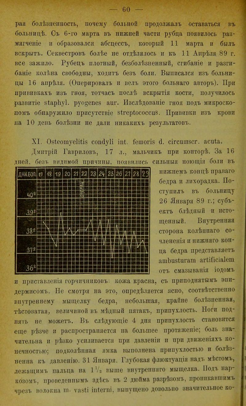 рая болѣзненность, почему больной продолжалъ оставаться въ больвицѣ. Съ 6-го марта въ нижней части рубца появилось раз- мягченіе и образовался абсцессъ, который 11 марта и былъ вскрыть. Секвестровъ болѣе не отдѣлялось и къ 11 Апрѣля 89 г. все зажило. Рубецъ плотный, безболѣзпенный, сгибаніе и разги- баніе колѣна свободны, ходнтъ безъ боли. Выписался изъ больни- цы 16 апрѣля. (Оперировалъ и ве.іъ этого больнаго авторъ). При прививкахъ изъ гноя, тотчасъ послѣ вскрытія кости, получилось развитіе зіарііуі. руо^епез аиг. Изслѣдованіе гноя подъ мивроско- помъ обнаружило присутствіе зігеріососсиз. Прививки изъ крови на 10 день болѣзни не дали никакихъ резу.іьтатовъ. ДНИ.БОЛ. ■■■■■■■■■ОІ ■■■■■■■■■іаі ■■■■■■■■■■I ■■■■■■■■■пі ■■■■■■■■■■I ■■■(■■■■■■■I [■■■■ііінавяві [■■■■•«■■■■■і ^■■■(■'■■■■■і ІШНКШКІ1 ■■■■■а'нннмнмвав ІКПІ ■■ывняшвтвяяяшв ■■■■■■ші ■■■■■■ІНІ ■■■■■■ІІІ XI. ОзѣеотуеІШз сопйуИ іпѣ. І^ешогіз <і. сігсиіпзсг. асиіа. Дмитрій Гавриловъ, 17 л., мальчикъ при конторѣ. За 16 дней, безъ видимой причины, появились сильныя ноющія боли въ нижнемъ концѣ праваго бедра и лихорадка. По- ступилъ въ больницу 26 Января 89 г.; субъ- ектъ блѣдный и исто- щенный. Внутренняя сторона колѣннаго со- члененія и нижняго кон- ца бедра представляетъ ашЪизШгат агііірісіаіет отъ смазыванія іодомъ и приставленія горчичниковъ; кожа красна, съ прпподнятымъ эпи- дермисомъ. Не смотря на это, опредѣляется ясно, соотвѣтственно виутреанему мыщелку бедра, небольшая, крайне болѣзненная, тѣстоватая, величиной въ мѣдный пятакъ, припухлость. Ноги под- нять не можетъ. Въ слѣдуіощіе 4 дня припухлость становится еще рѣзче и распространяется на большее протяженіе; боль зна- чительна и рѣзко усиливается при давленіп и при движепіяхъ ко- нечностью; подколѣнная ямка выполнена припух.оостыо и болѣз- нениа къ давленію. 31 Января. Глубокая флюктуація надъ мѣстомъ, лежащимъ пальца на іѴг выше внутренняго мыщелка. Иодъ нар- козомъ, проведенпымъ здѣсь въ 2 дюйма разрѣзомъ, пронпкавпшмъ чрезъ волокна ш. ѵазіі іп(егпі. выпущено довольно значительное ко- ■■■■■■■■■■■■■■■■■■■■■■■■■■