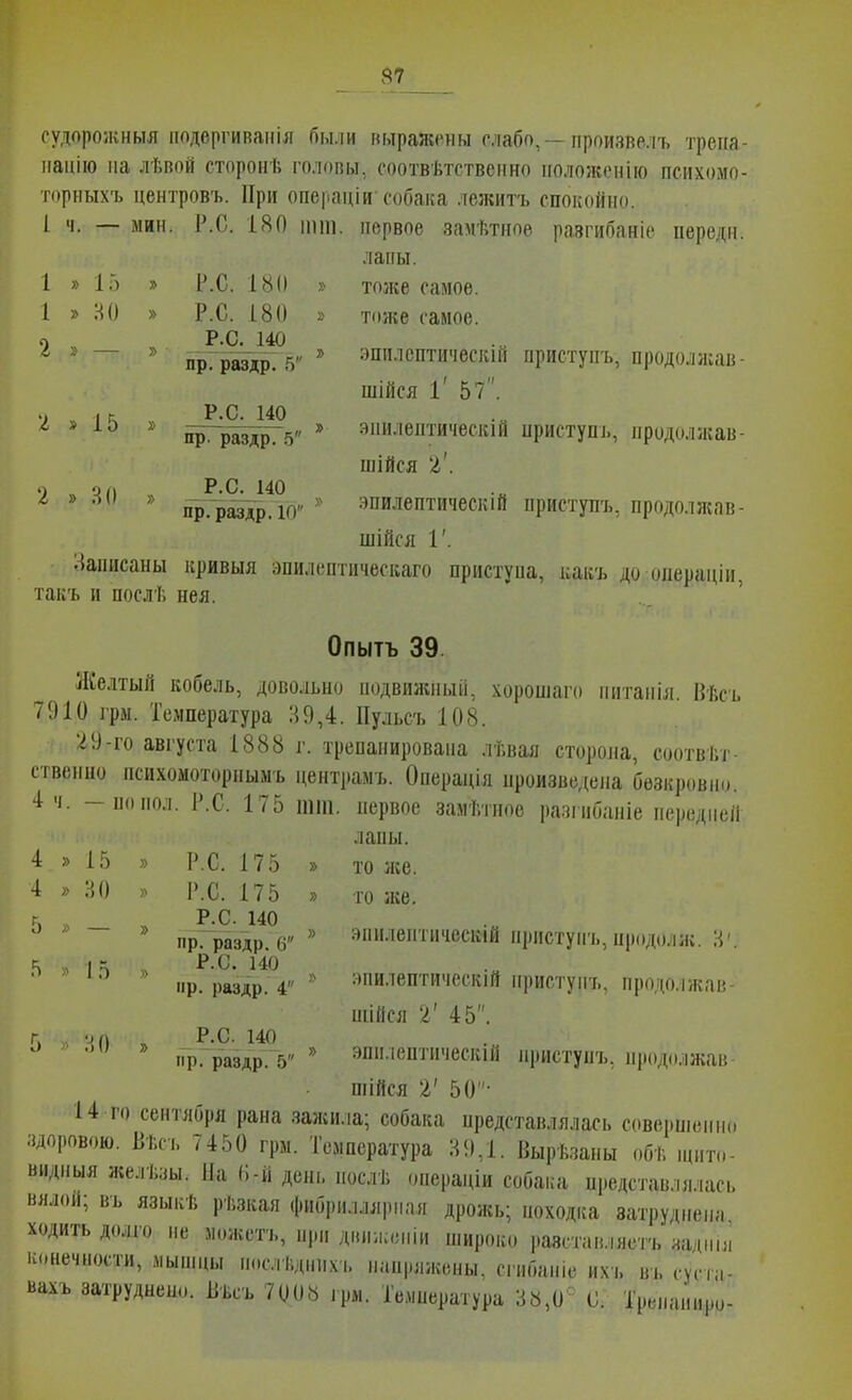 47 1 1 2 •г но 15 судорожныя подергивапіл были выражены слабо,—произвелъ трепа- иацію па лѣвой сторонѣ головы, соответственно положеніго психомо- ториыхъ центровъ. При операціи собака лежитъ спокойно. 1 ч. — мин., Р.С. 180 111111. первое замѣтное разгибаніе передн. лапы. » тозке самое, э тоіке самое. » апилсптическій приступъ, продолжав- шійся 1' 57. » зпилептическій приступъ, продолжав- шійся 2'. >^ эпилептическій приступъ, продоллсав- шійся Г. Записаны кривыя эпилептическаго приступа, какъ до операціи, такъ и послі. иея. Опытъ 39 Желтый кобель, довольно подвияспыіі, хорошаго питаніл. Вѣсъ 7910 грм. Температура Н9,4. Пульсъ 108. 29-го августа 1888 г. трепанирована лѣвая сторона, соотвГ.т- ственно психомоторнымъ центішп,. Операція нроизвеіена безкровпи 4ч. .- I. /1 и- 2 » ВО Р.С. 180 Р.С. 180 Р.С. 140 пр. раздр. .') Р.С. 140 пр. раздр. 5 Р.С.^40 пр. раздр. 10 4 4 15 НО Р.С. 175 Р.С. 175 Р.С. 140 пр. раздр. 6 Р.С. 140 пр. раздр. 4 по пол. Р.С. 175 шш. первое замѣтнос ра.іпібаніе передней лапы, то же. то іке. эпилентическій нрнстунъ, продолж. Н'. :)пилептическій приступъ, продолжав- піійся 2' 45. эпплептическій приступъ, нрод(ілжав шійся 2' 50- 14 го сентября рана .зажила; собака представлялась соверпіеімкі здоровою. Вѣсъ 7450 грм. Температура Н9,1. Вырѣзапы обѣ піпто- видныя желѣзы. На (і-й день нослѣ операціи собака представля.іась вялой; въ языкѣ рѣзкая фибрилля|)ная дрожь; походка затруднена ходить долго не можетъ, при ді.пжспіи широко разставляетъ задииі конечности, мын.цы п..сл1;дннх ь напряжены, сі пбапіе ихъ вь суста- вахъ затруднено. ІіЪсъ 7008 ірм. Температура Н8,0'^ С. Тренаниро- НО Р.С. 140 пр. раздр. 5