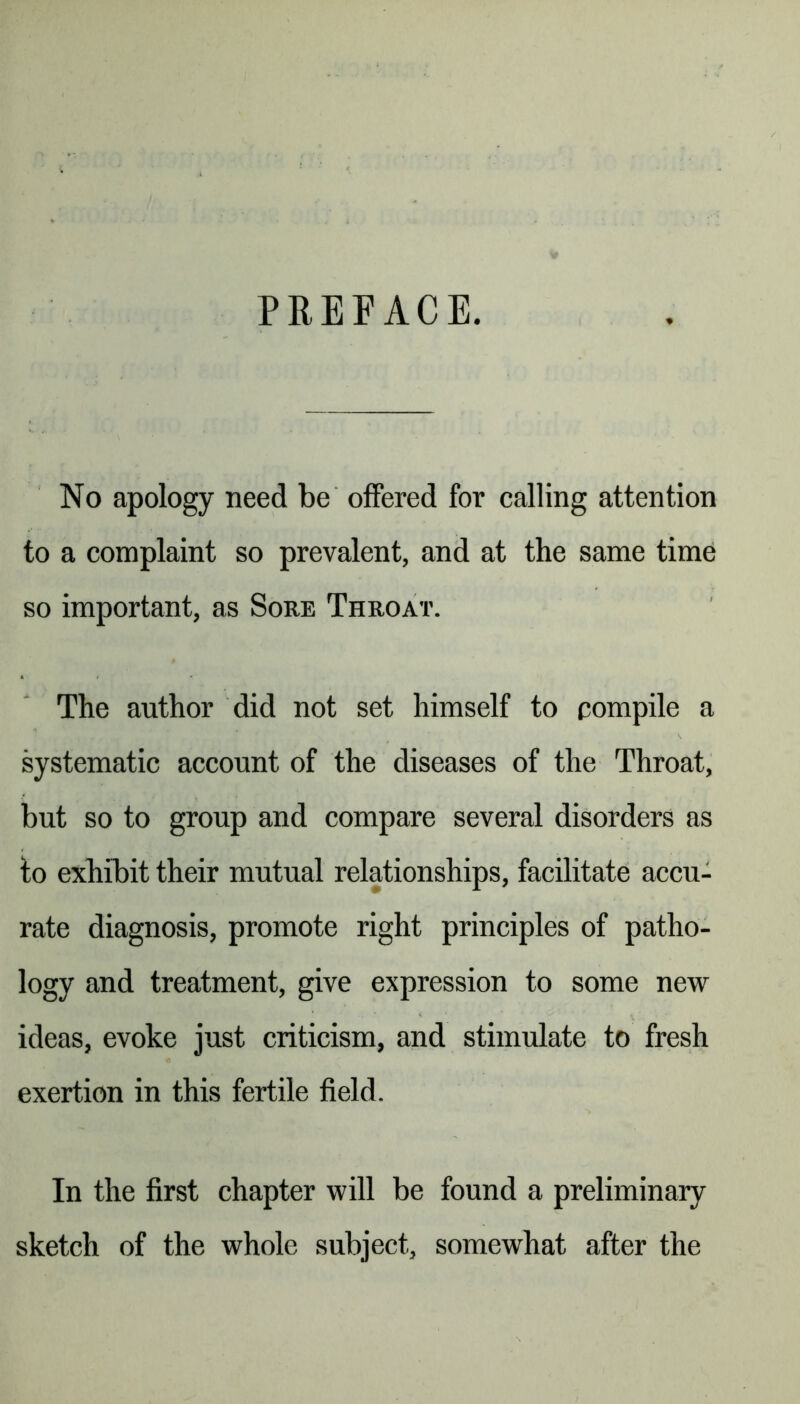 PREFACE. No apology need be offered for calling attention to a complaint so prevalent, and at the same time so important, as Sore Throat. The author did not set himself to compile a systematic account of the diseases of the Throat, but so to group and compare several disorders as to exhibit their mutual relationships, facilitate accu- rate diagnosis, promote right principles of patho- logy and treatment, give expression to some new ideas, evoke just criticism, and stimulate to fresh exertion in this fertile field. In the first chapter will be found a preliminary sketch of the whole subject, somewhat after the